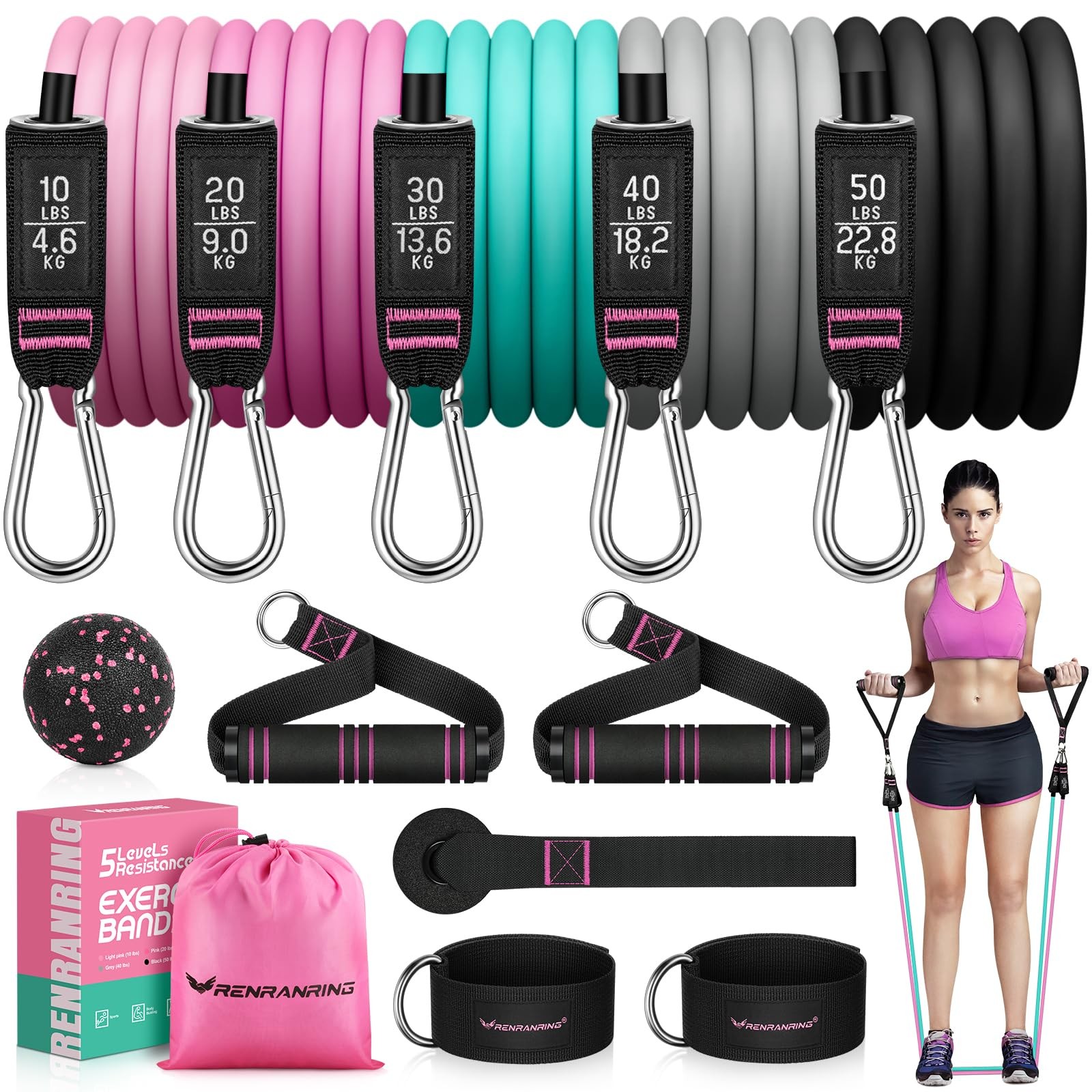 RENRANRING Resistance Bands 51.0 inch, Black, Gray, Blue, Medium pink, Pink