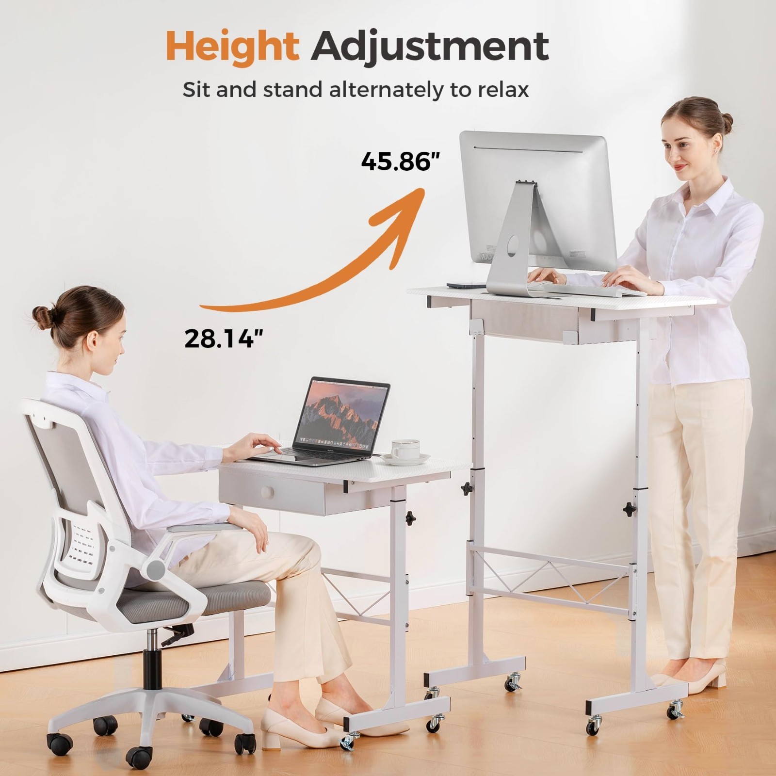 Adjustable Height Portable Standing Desk 30.7"-46.4", Mobile Rolling Computer De