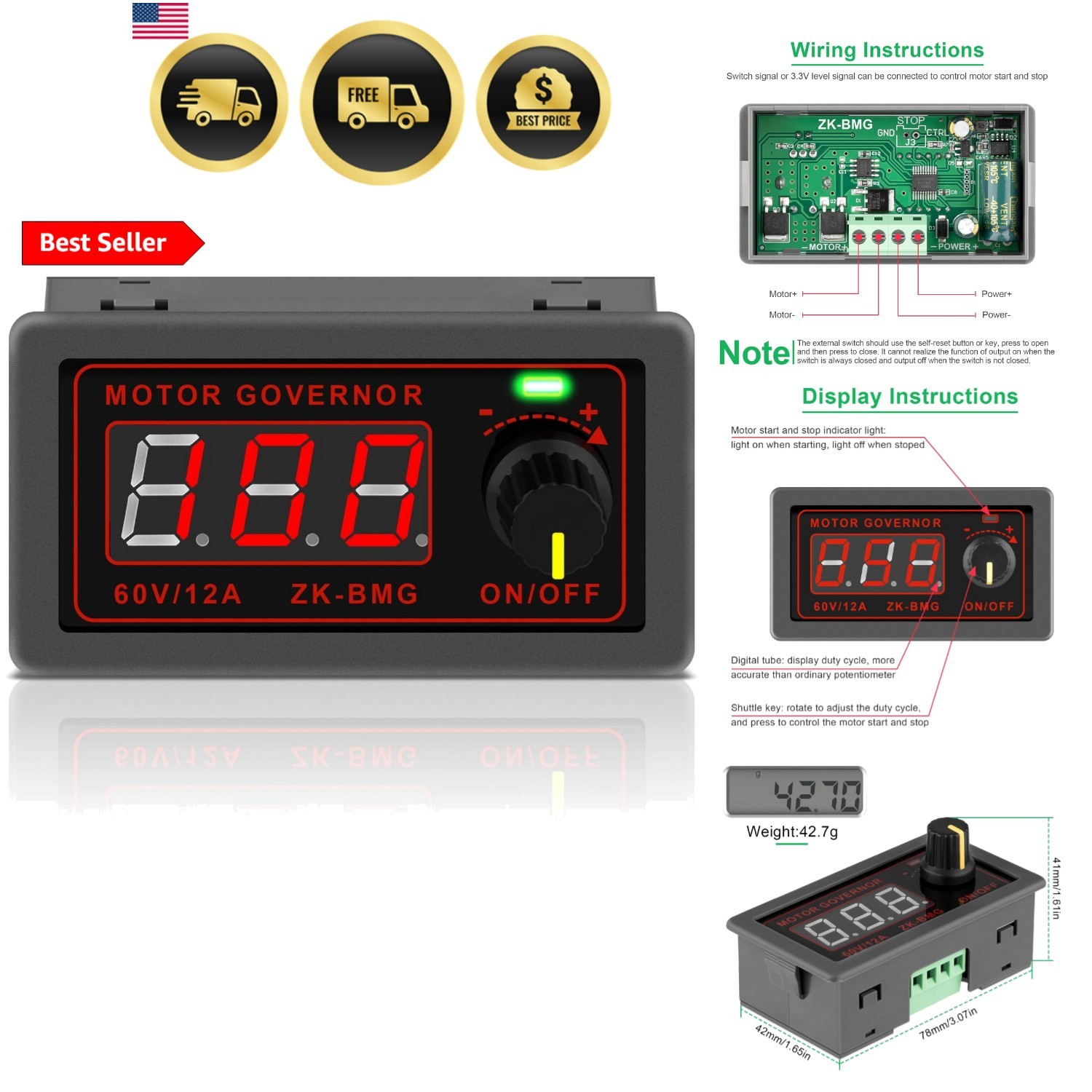 PWM DC Motor Speed Controller DC 2V 24V 60V 500W Electric Motor Speed Control...