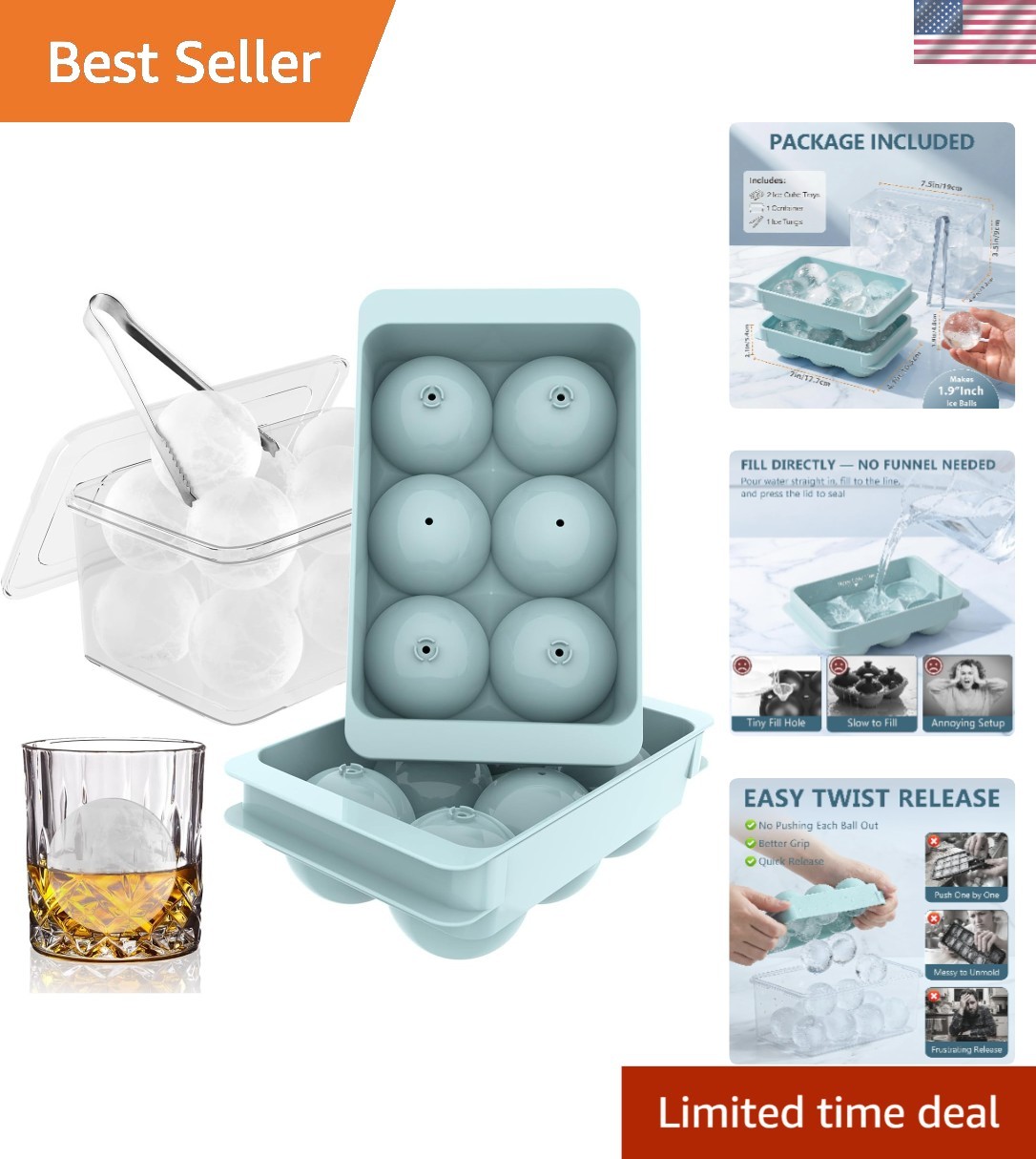 1.9" Round Ice Cube Mold Set - Effortless Easy Fill & Twist Release