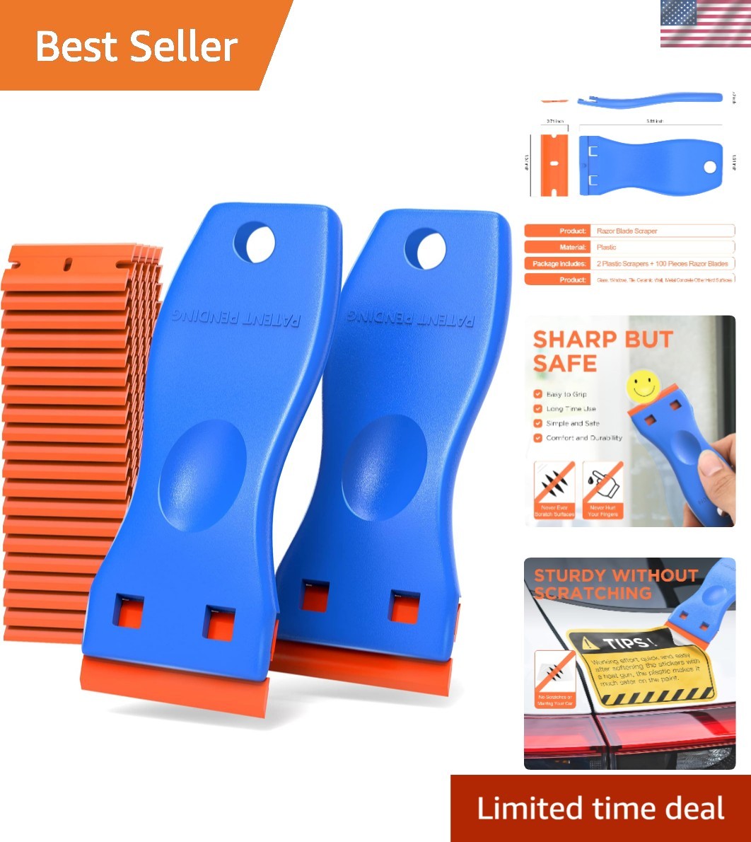 Plastic Razor Blades Scraper Tool - 2 Pack Wall Paint Remover with 100 Pcs Pl...