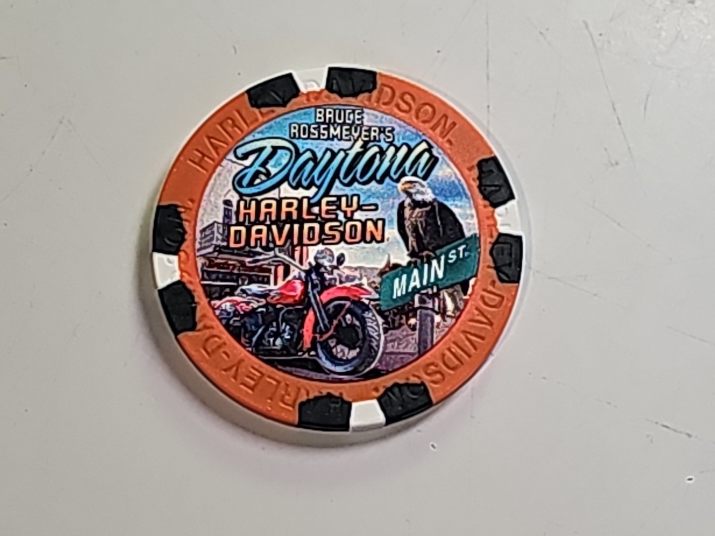 Daytona Harley Davidson Poker Chip Bruce Rossmeyer OLD OWNER Orange Black White