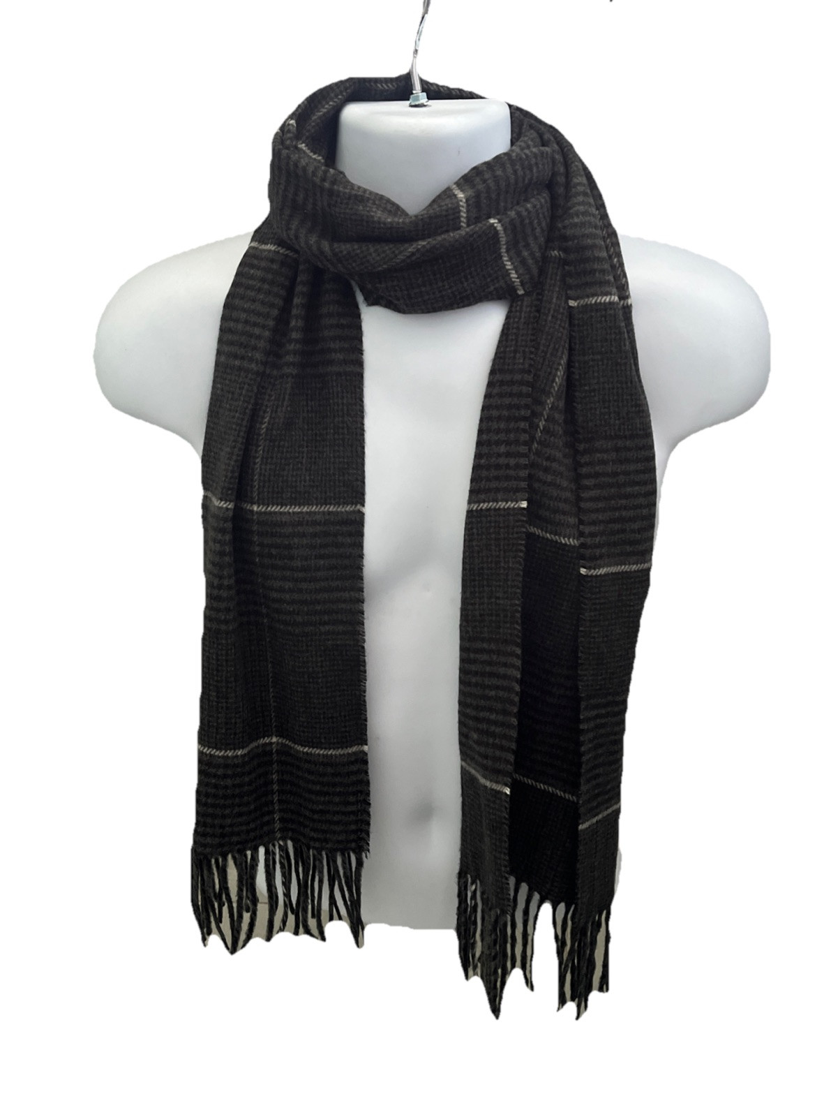Plaid Houndstooth Winter Scarf 11x72 Fringe Germany Plaid Gray Black White