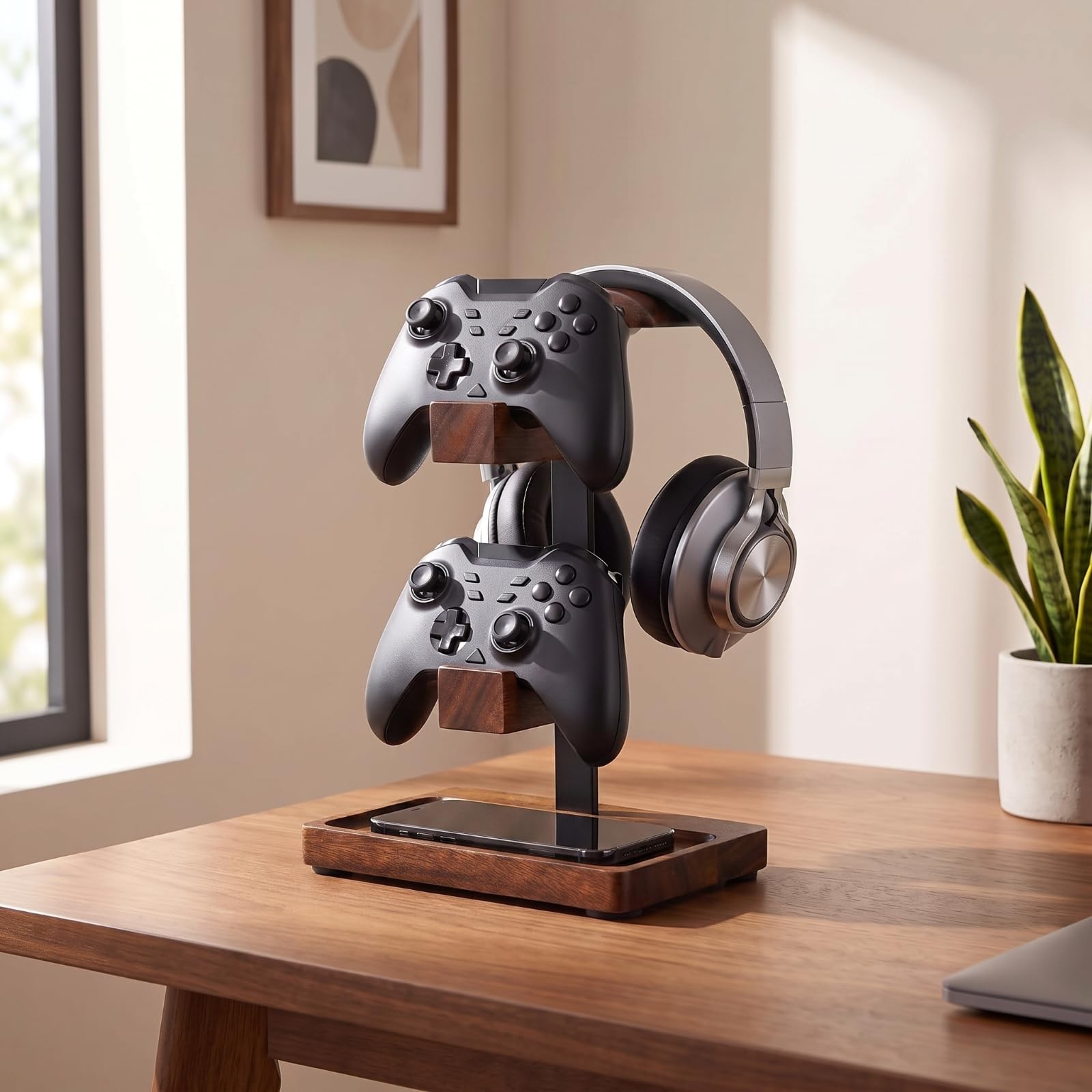 Fiwochic Headphone Stand with Controller Holder, Gaming Headset Deep Walnut