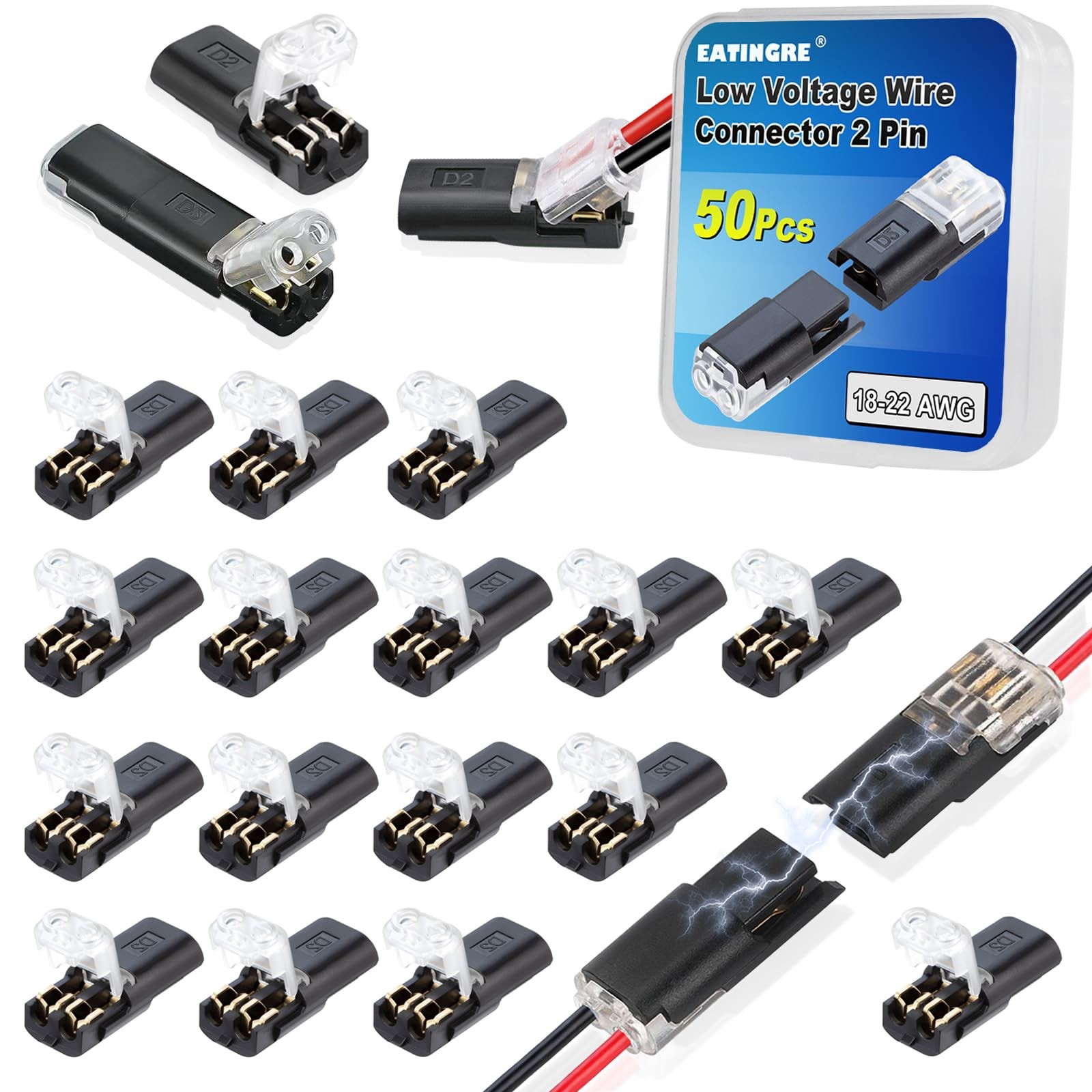 50Pcs Double Wire Plug in Connector, LED Light Strip Low 50 Pack, Black