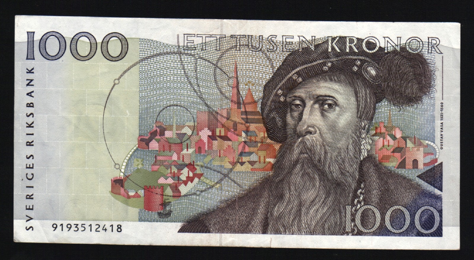 SWEDEN 1000 KRONER P60 1989 EUROPE GUSTAF VASA THRESHING AU CURRENCY BANK NOTE