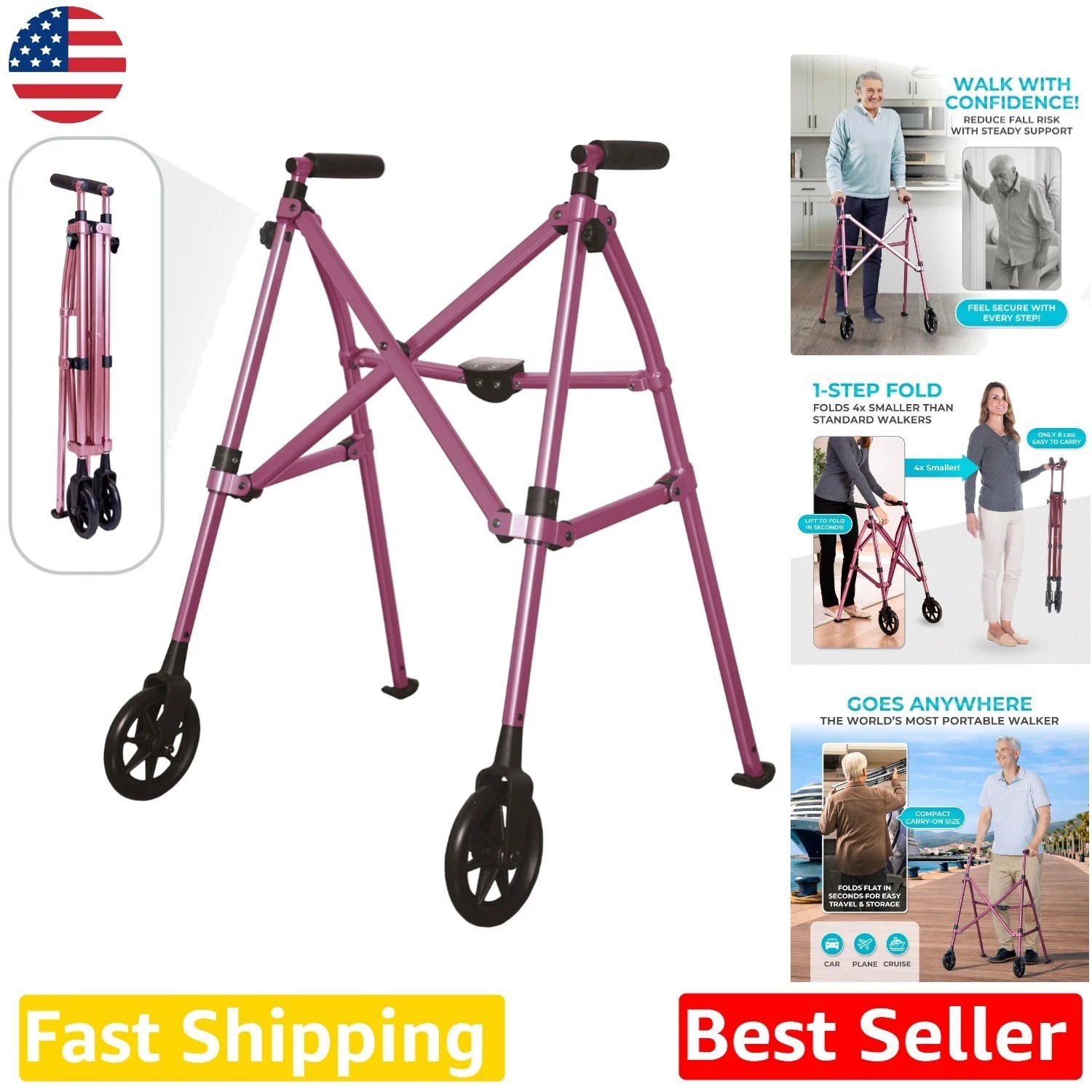 Folding Walker Regal Rose 300lb Capacity Lightweight Senior Aid