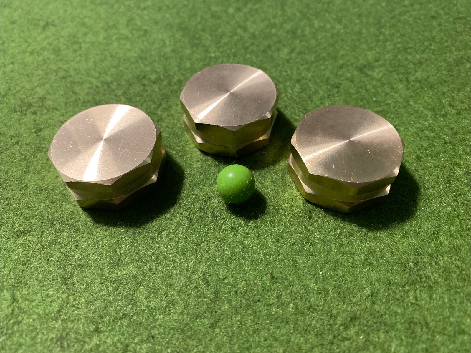 Brass Bottle Cap Hexagonal Three Shell Game (Green Pea)
