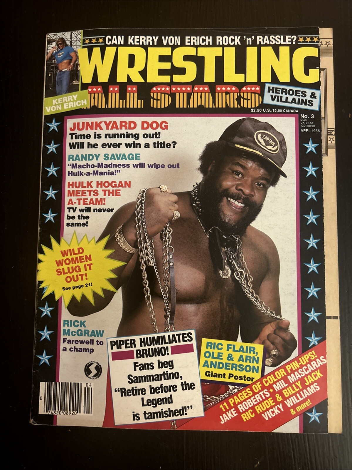 Wrestling All Stars Heroes & Villains #3 1986 Junkyard Dog No Label Flair Pinup!