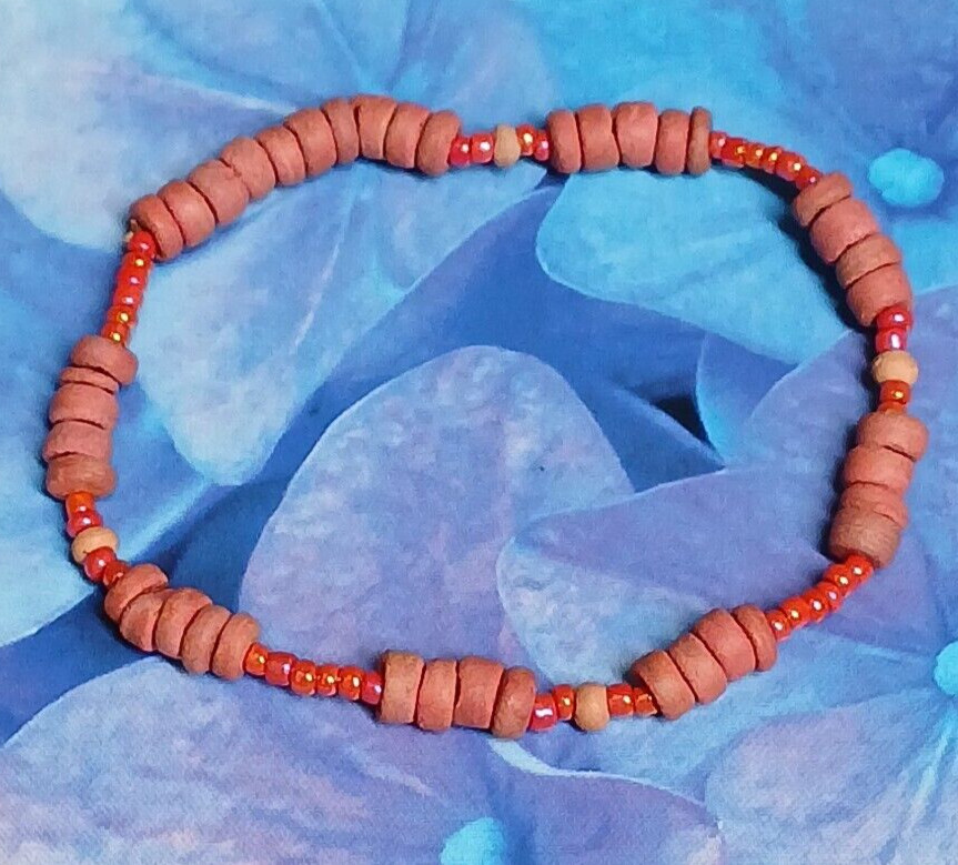 Salmon Color Clay Heshi Style Bead Stretch Bracelet with Seed Bead Spacer Beads