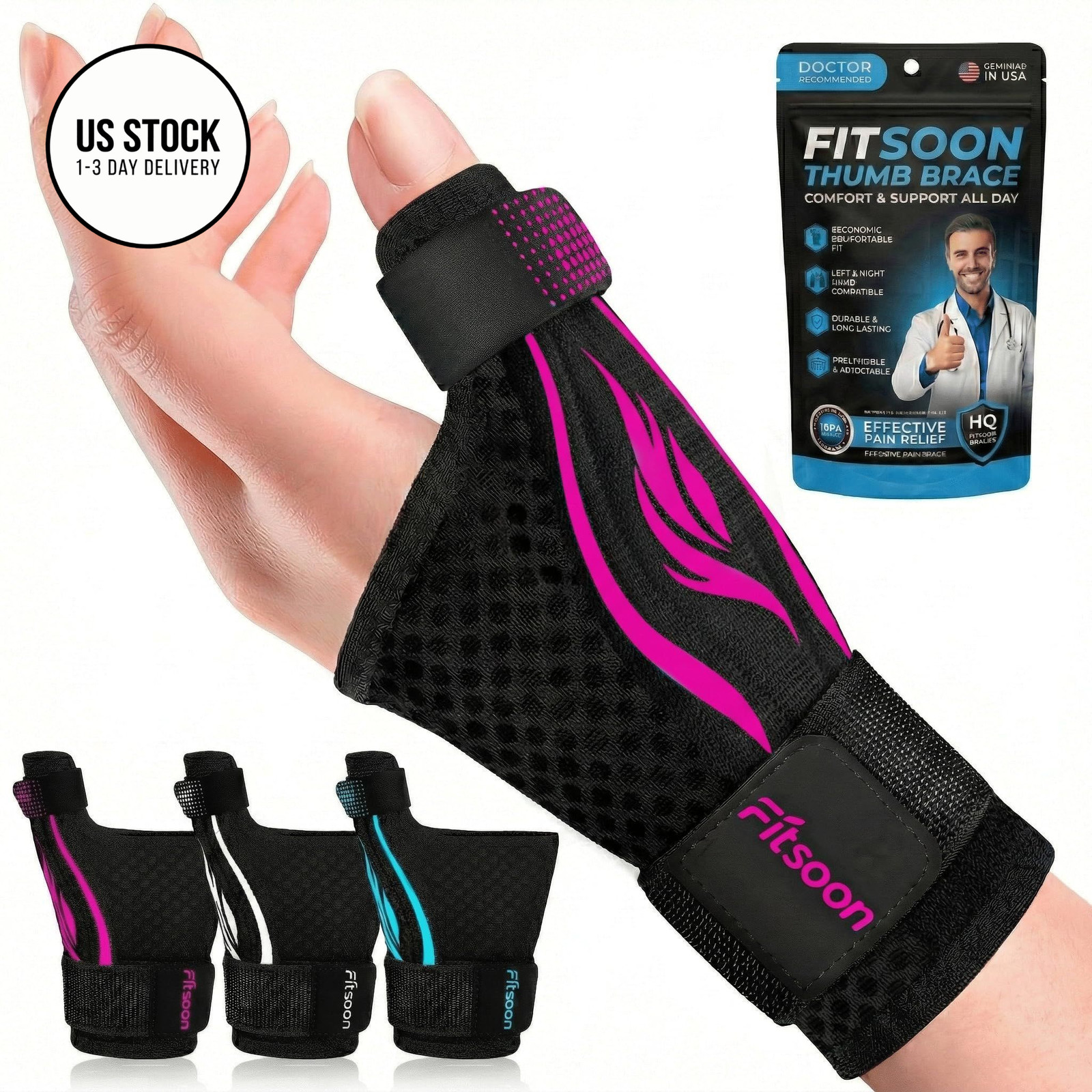 FITSOON Thumb Support Brace | Upgraded S/M - Fit both hands, Rose Pink/Black