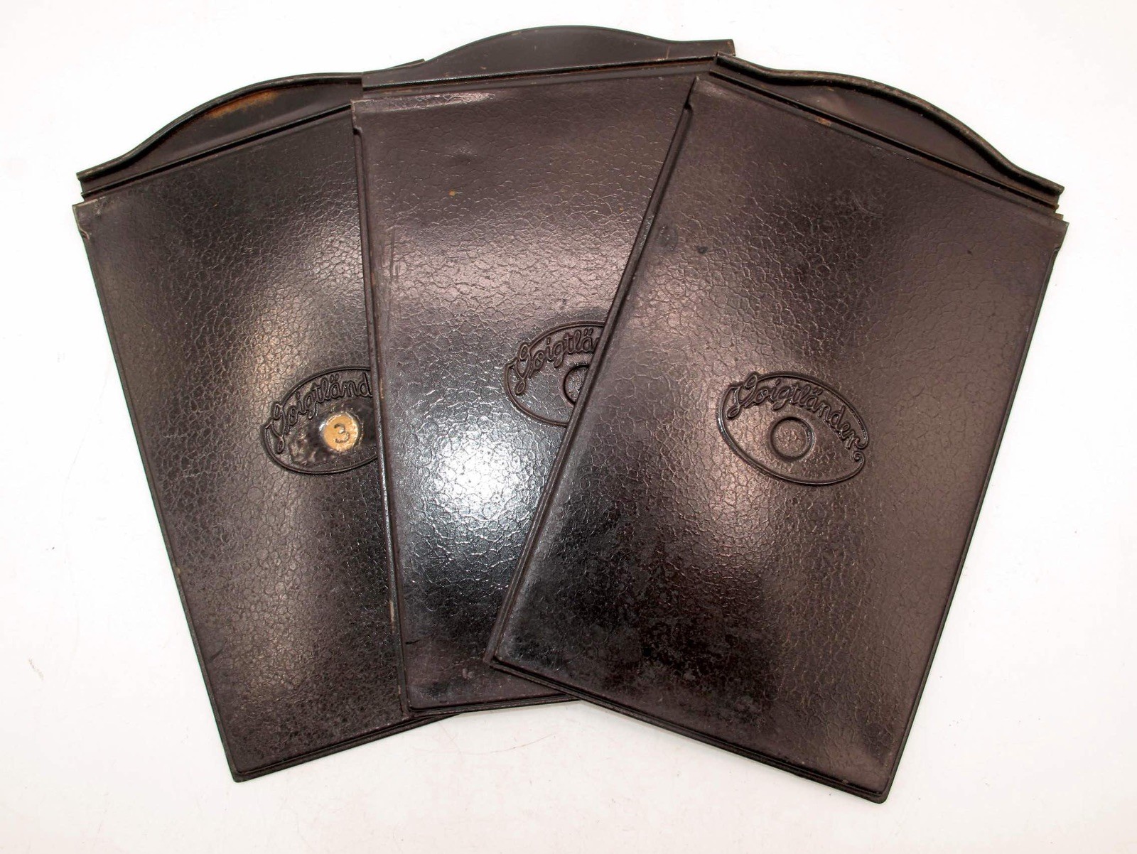 *VINTAGE* 3-VOIGTLANDER 9x12cm METAL SHEET FILM HOLDERS w/CURVED HANDLE-GOOD CON