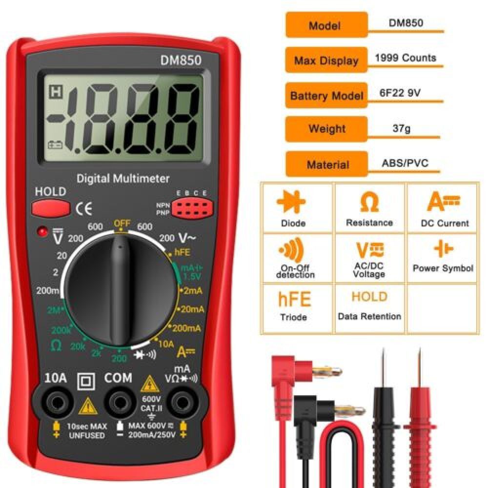 Digital Multimeter Voltmeter Ammeter Ohmmeter Volt AC DC Tester Leads Meter