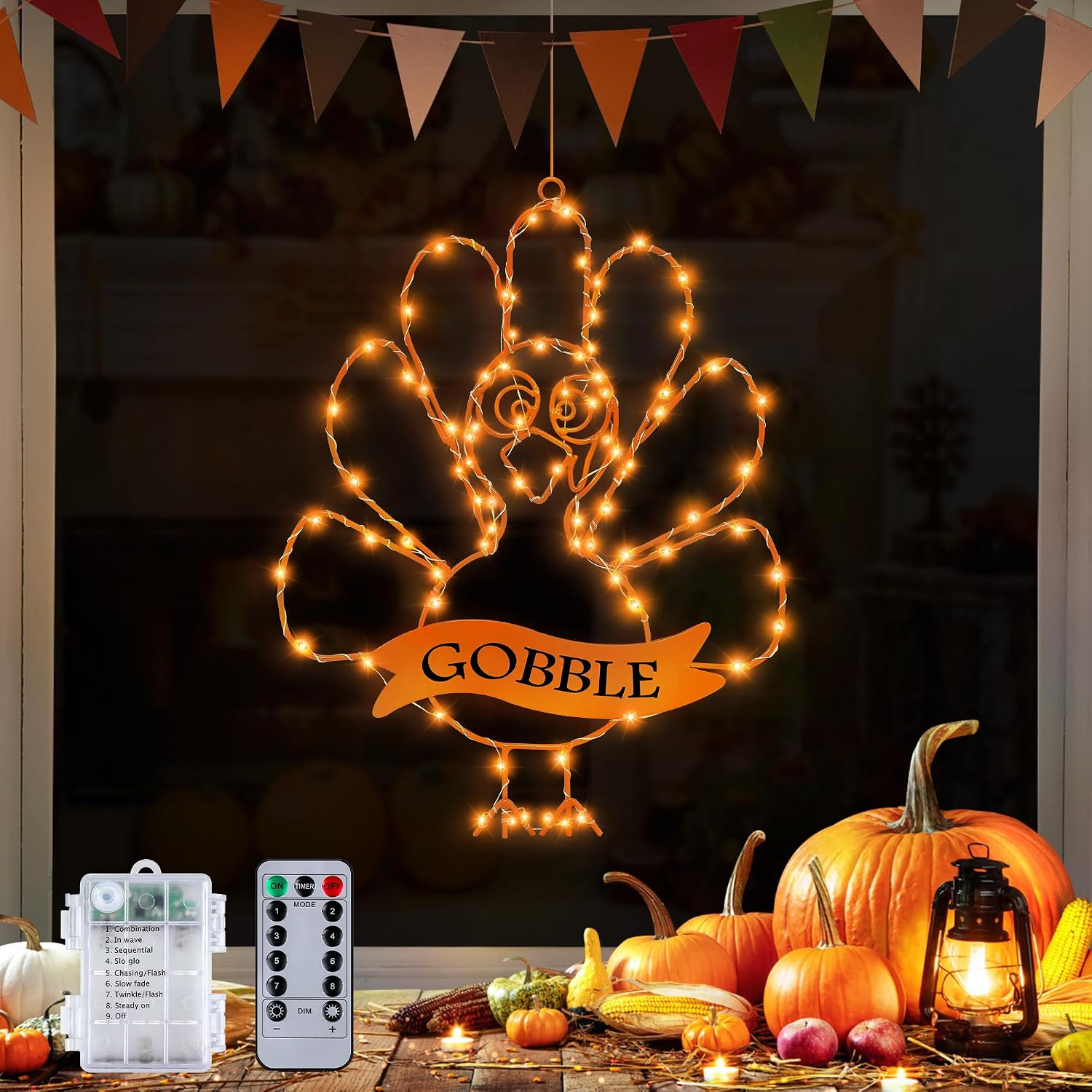 [Timer & 8 Modes] Thanksgiving Turkey Decorations Window Lights, Thanksgiving Wi