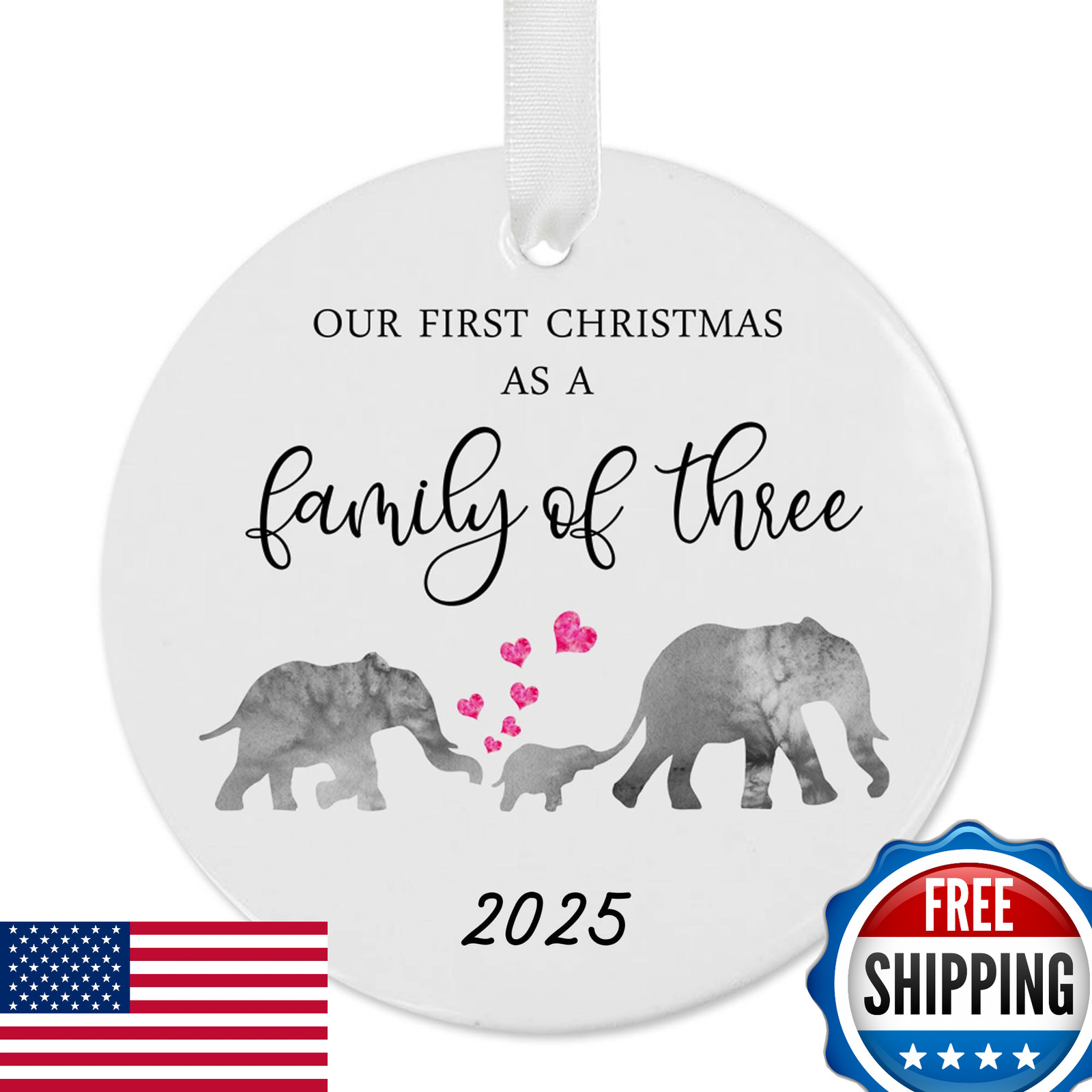Our First Christmas as a Family of 3 Elephant 2025 Ornament New Parents Baby