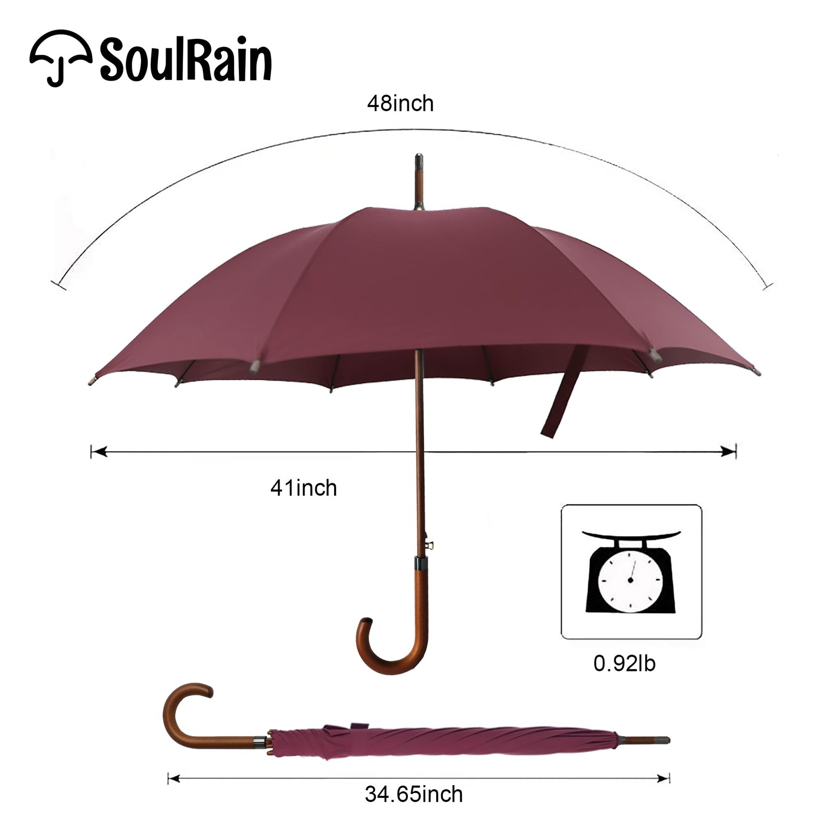 48" Umbrella Windproof Stick Umbrella for Rain, Automatic Open Wooden Handle