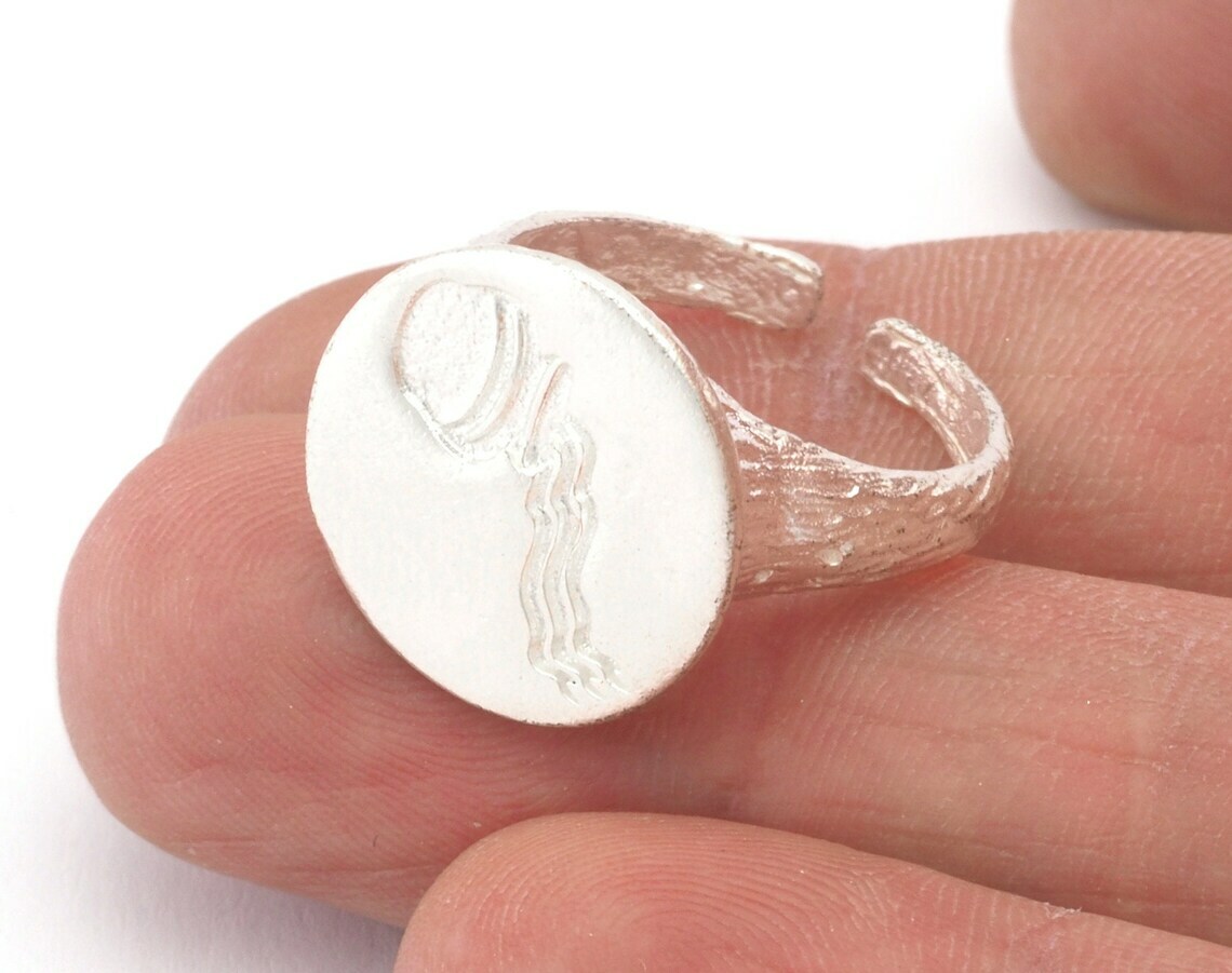 Bucket Aquarius Horoscope Bark Textured Band Adjustable Ring Shiny Silver 4866