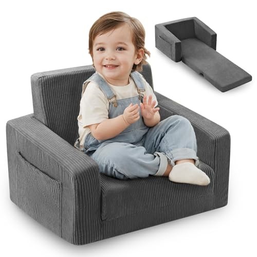 Toddle & Kids Chair,2-in-1 Soft Toddler Couches That Fold Out,Toddler Grey