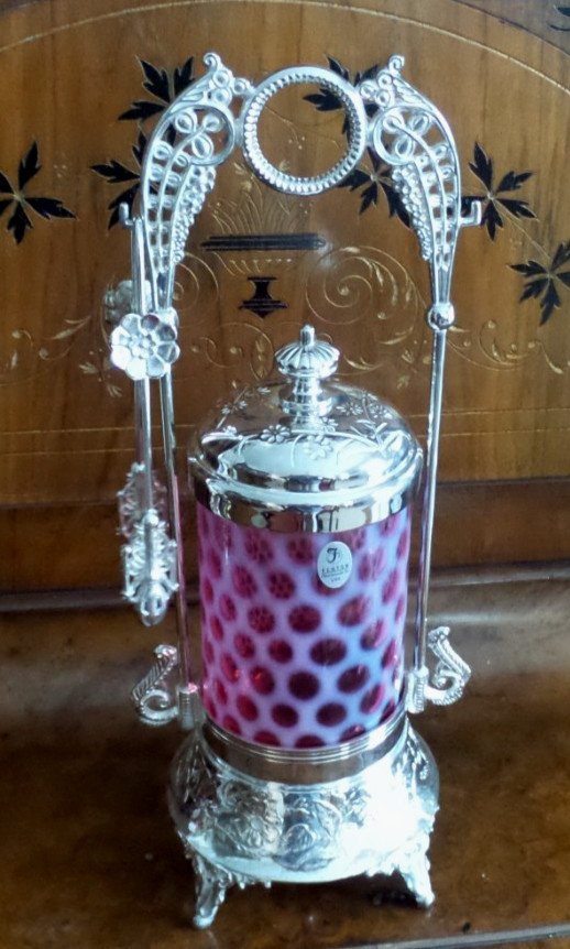 VTG Fenton Coin Dot Cranberry Opalescent Pickle Castor Silver Plated W/tongs