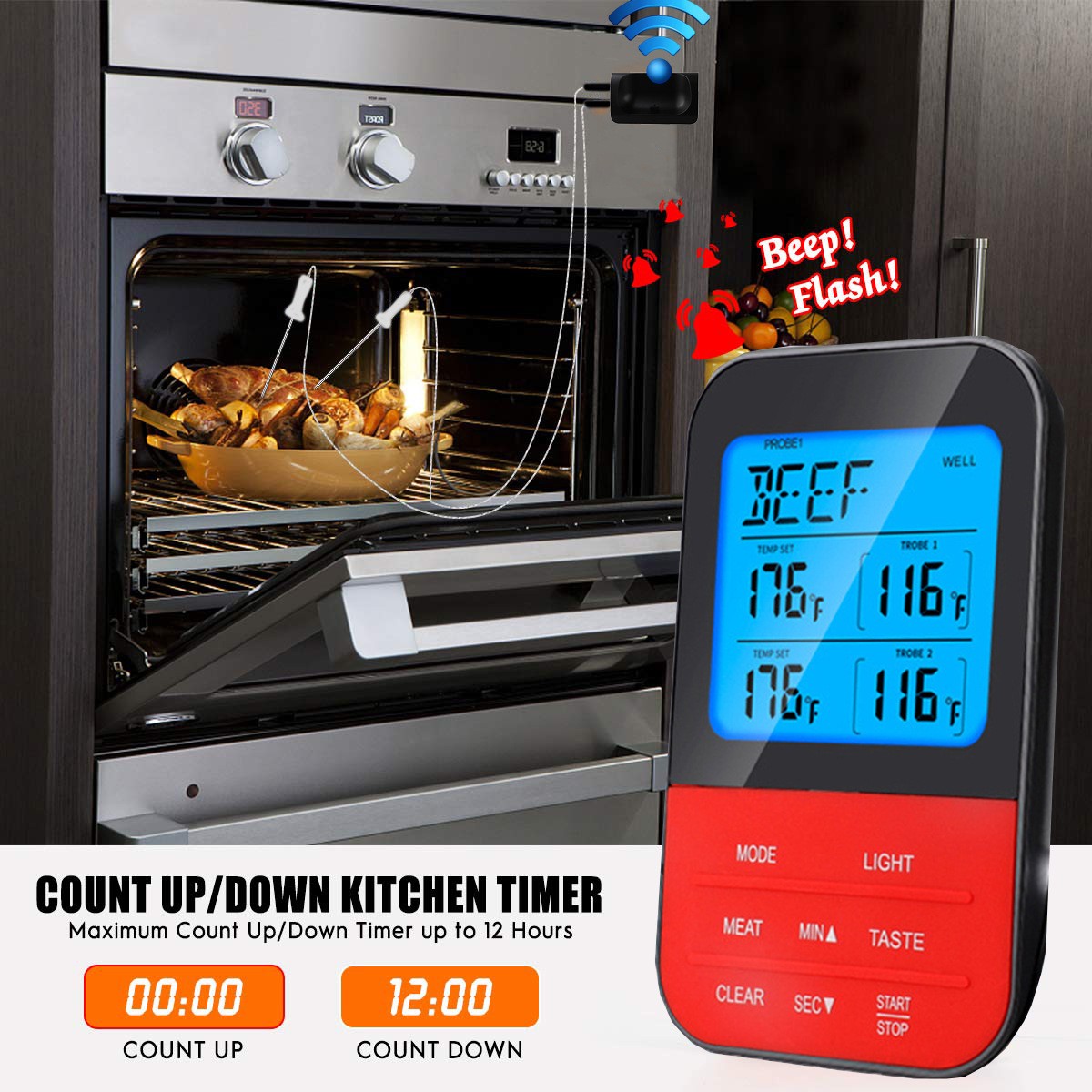Wireless Dual Probe Digital Meat Thermometer BBQ Grill Smoker Oven Turkey Cook