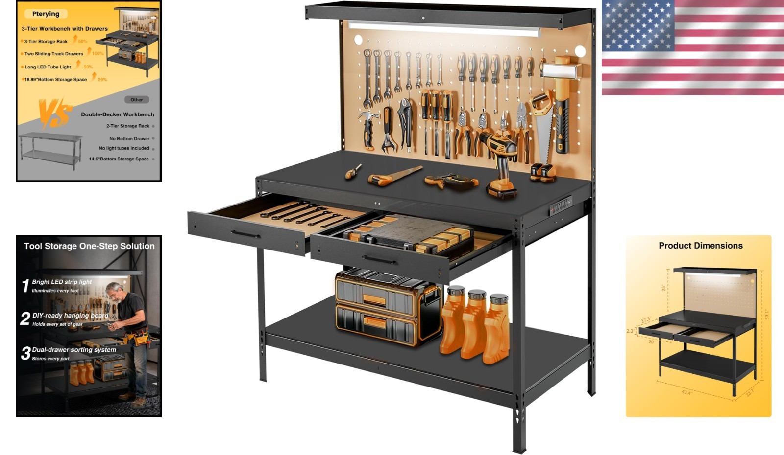 Organized Garage Workbench with Pegboard, 2 Drawers & USB Charging Ports