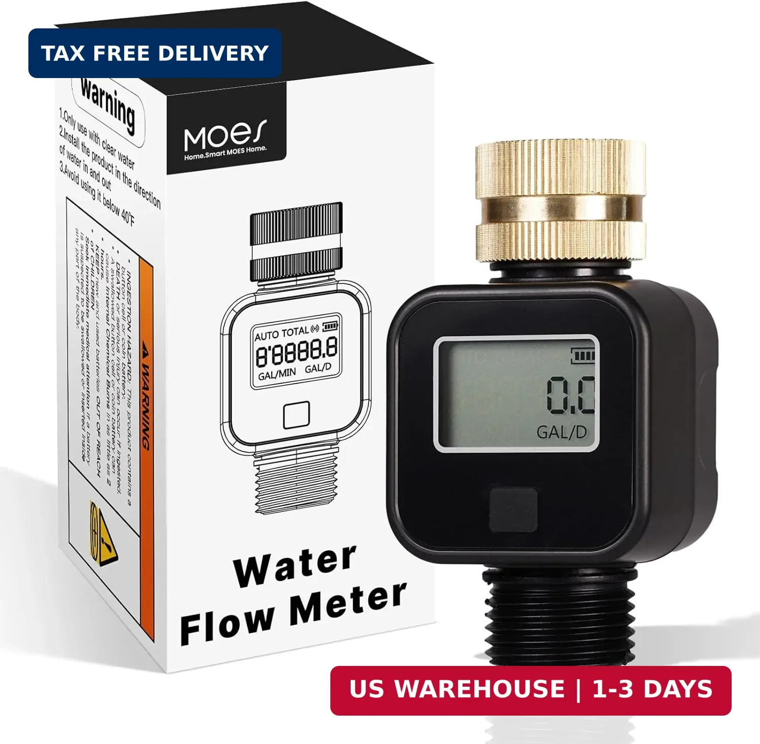 Water Flow Meter with Brass Inlet Metal Thread, Measure Gallon/Liter Consum