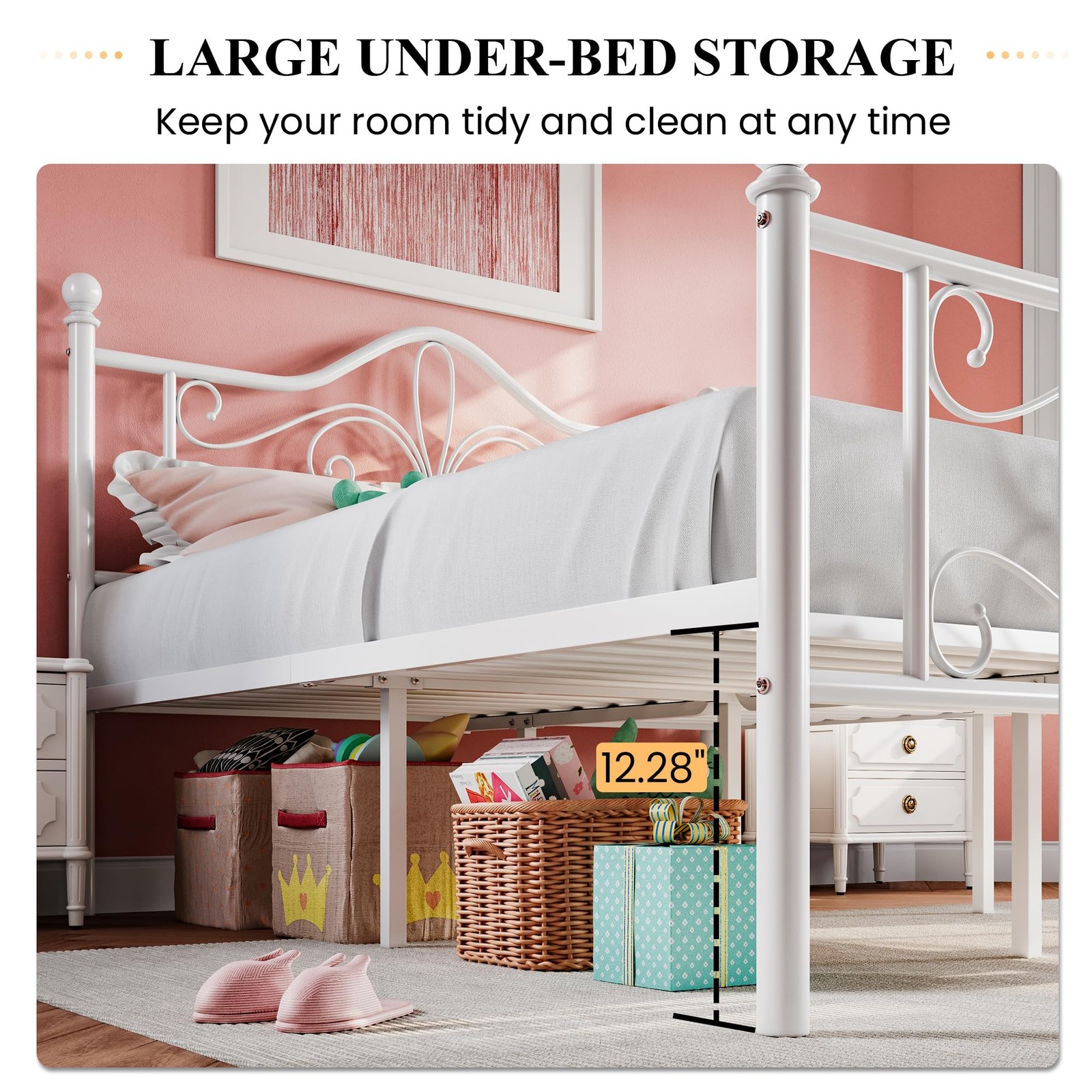 Queen Size Metal Bed Frame White Butterfly Pattern No Box Spring Needed