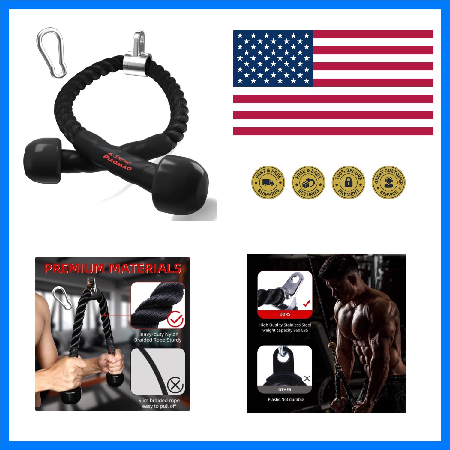 with Upgraded Rubber Handles,35 Inch Tricep Pull Down Rope for Cable Machine,...