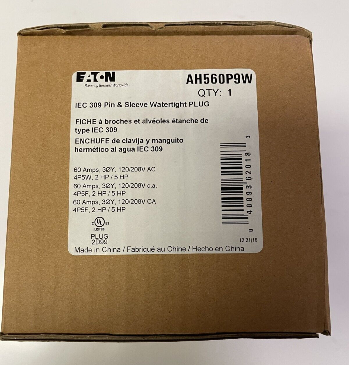 EATON IEC 309 PIN & SLEEVE WATERTIGHT PLUG AH560P9W