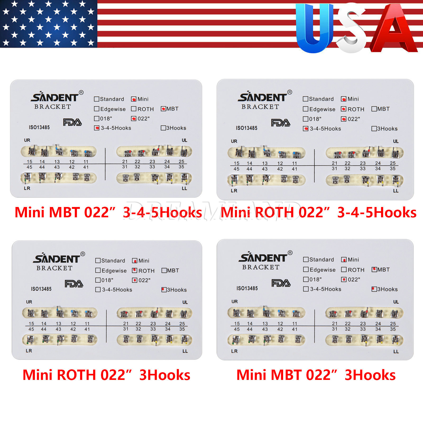 10X Dental Orthodontic Ultrathin Bracket Braces Metal Roth / MBT Hook 345