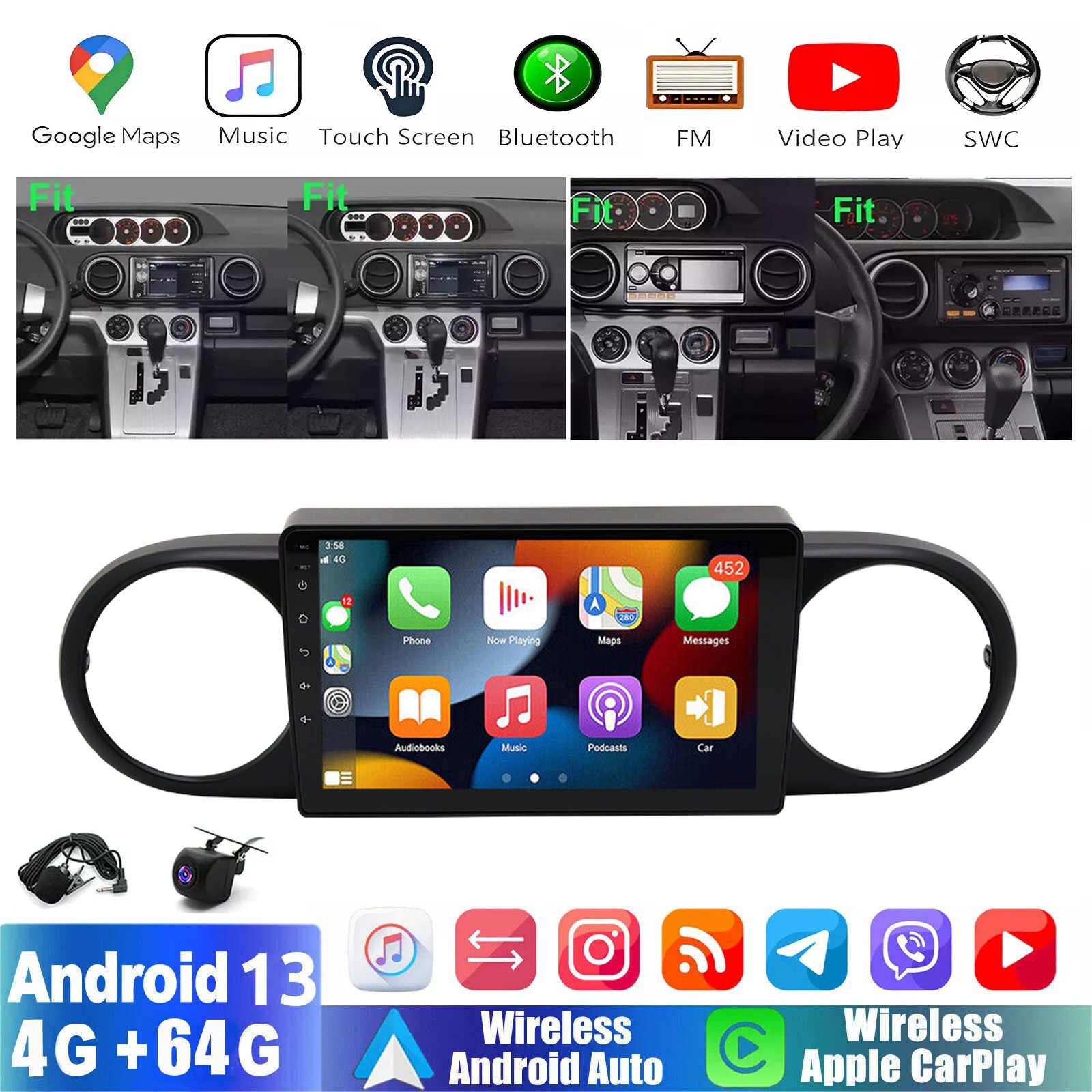 4+64GB Android 13  Carplay Car Stereo Radio Navi GPS For Scion XB 2008-2015