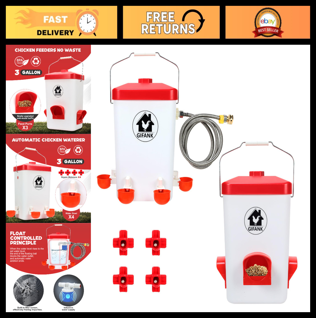 Automatic Chicken Feeder & Waterer Set - 3 Gallon Poultry Water Feeder, No Waste