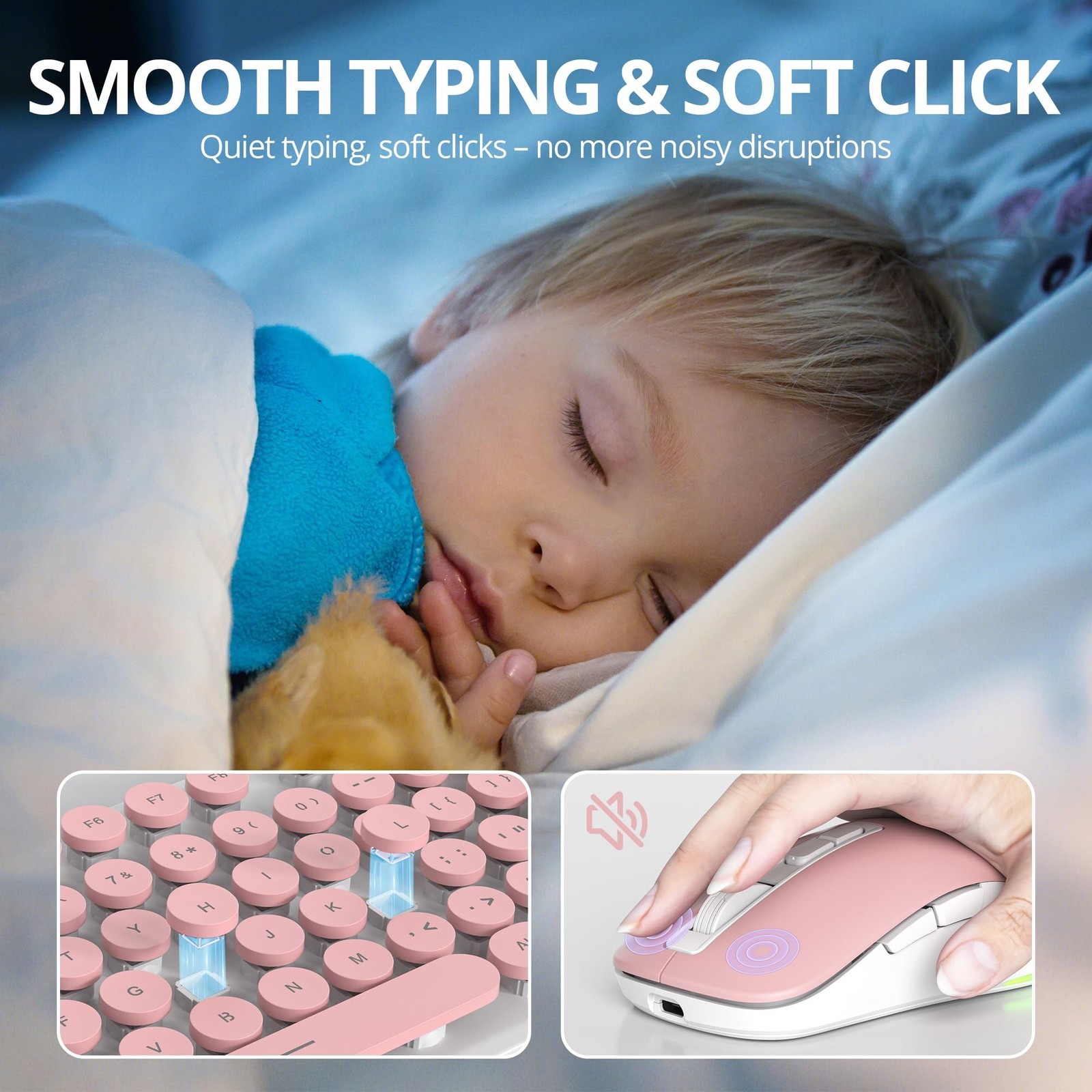 Backlit Pink Keyboard and Mouse Wireless, 2.4GHz Light Up Typewriter Recharge...