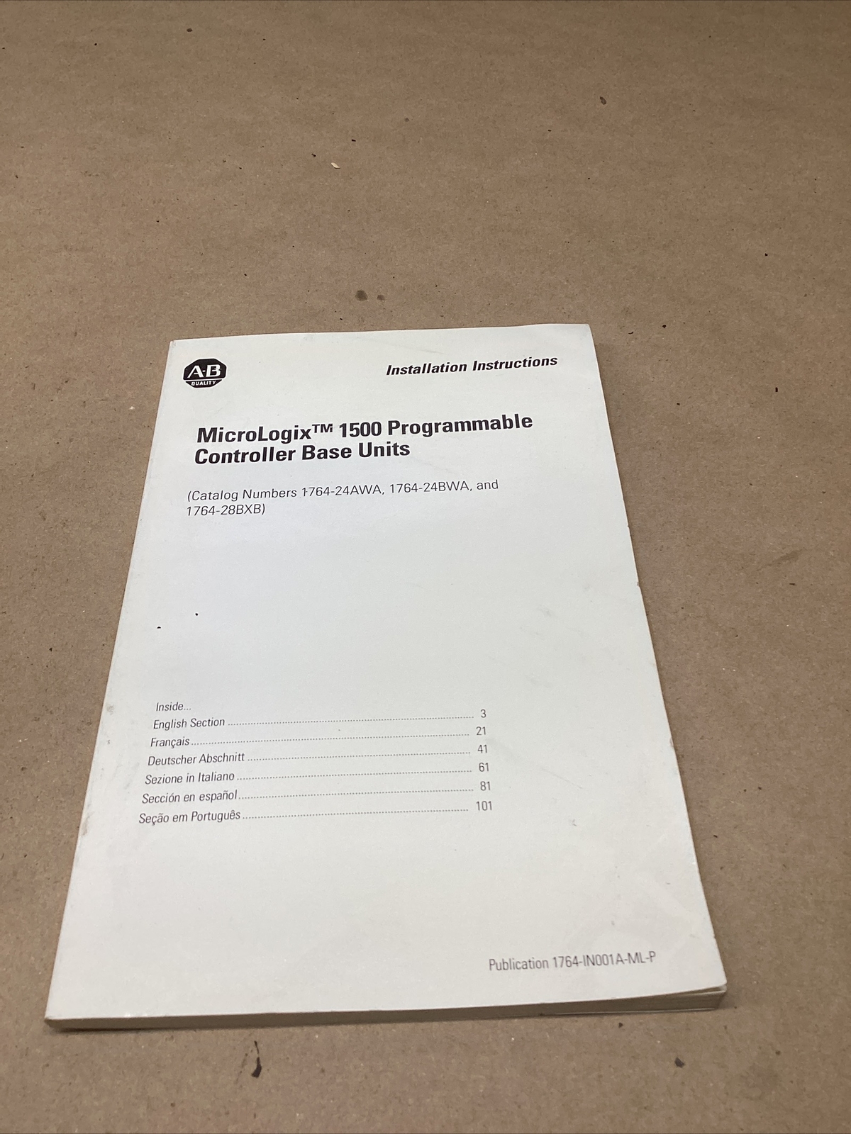 AB MICROLOGIX 1500 PROGRAMMABLE CONTROLLER BASE UNIT Manual #707G105