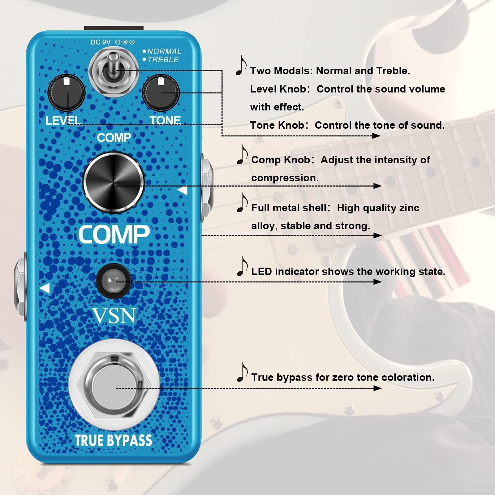 VSN Guitar Compressor Pedal for Analog Compression Effect Pedal Ultimate Comp...