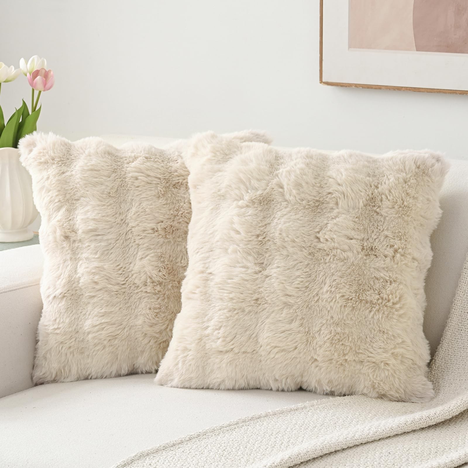 Volcanics Pack of 2 Thick Plush Faux Wool 18" x (Pack 2), Beige