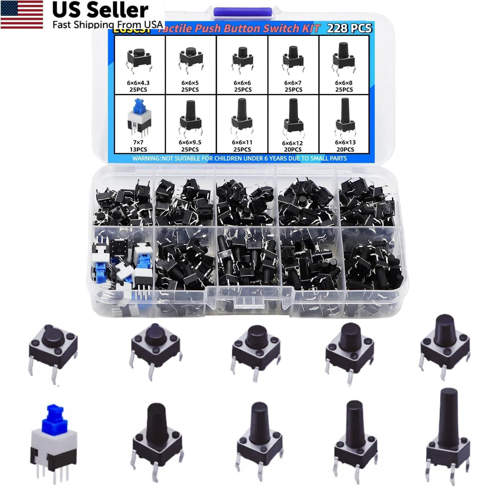 EGSCST 228PCS 10 Values 6x6mm & 7x7mm Tactile Push Button Switch Assortment...