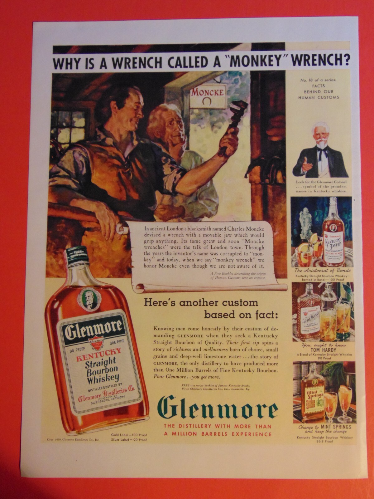 1939 Glenmore Whiskey  Origin of Monkey Wrench vintage print ad