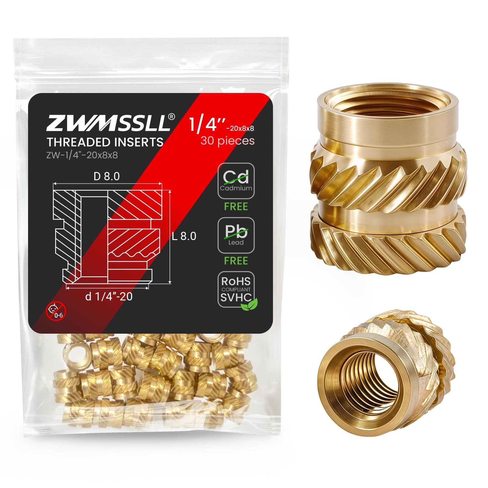 ZWMSSLL 1/4"20 Heat Set Threaded Inserts,30 Pieces 1/4"20x8x8 Heat Set Insert...