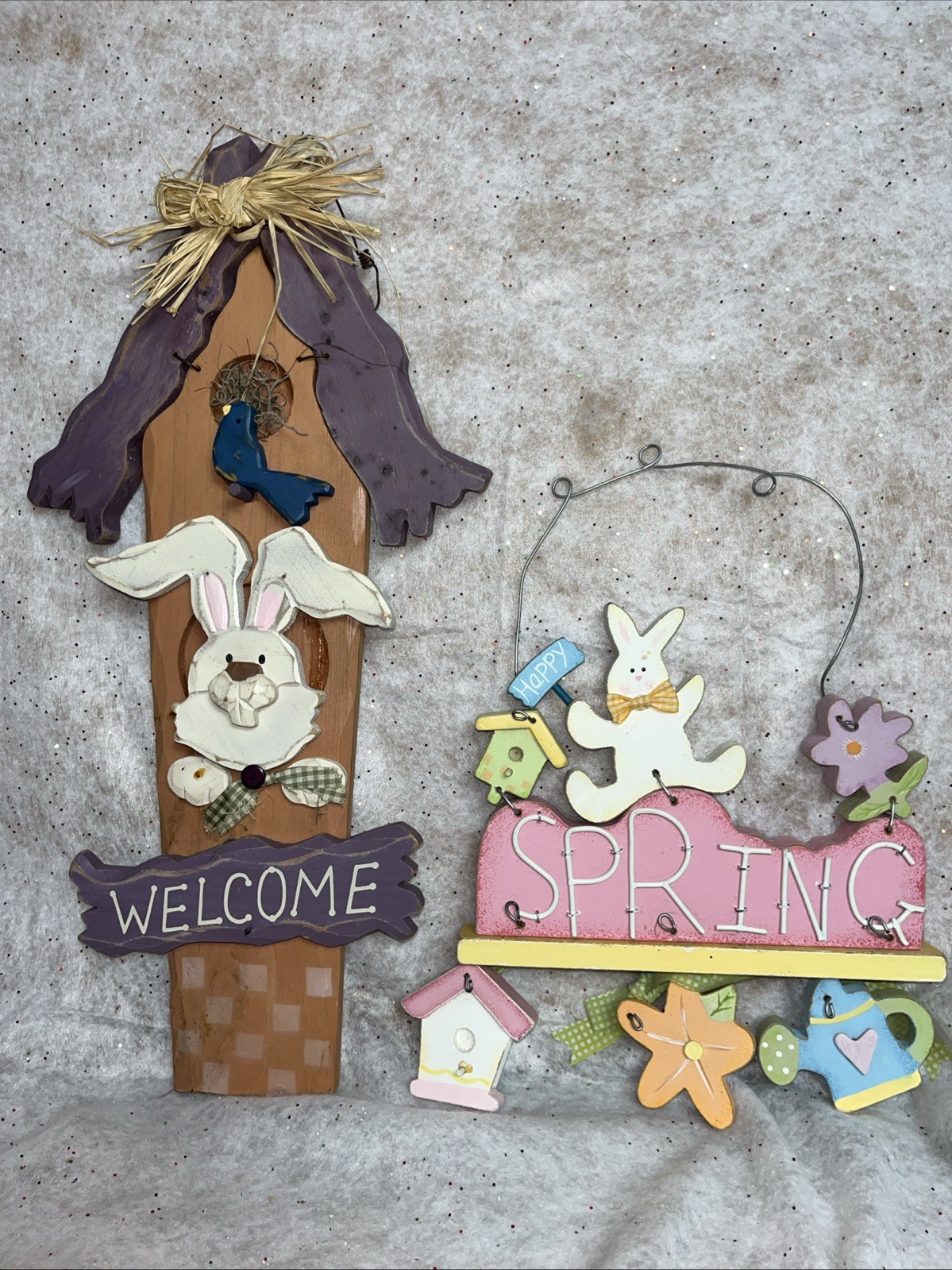 2 Easter/Spring Wall Hanging Decorations Wooden - Welcome Bunny & Spring Decor