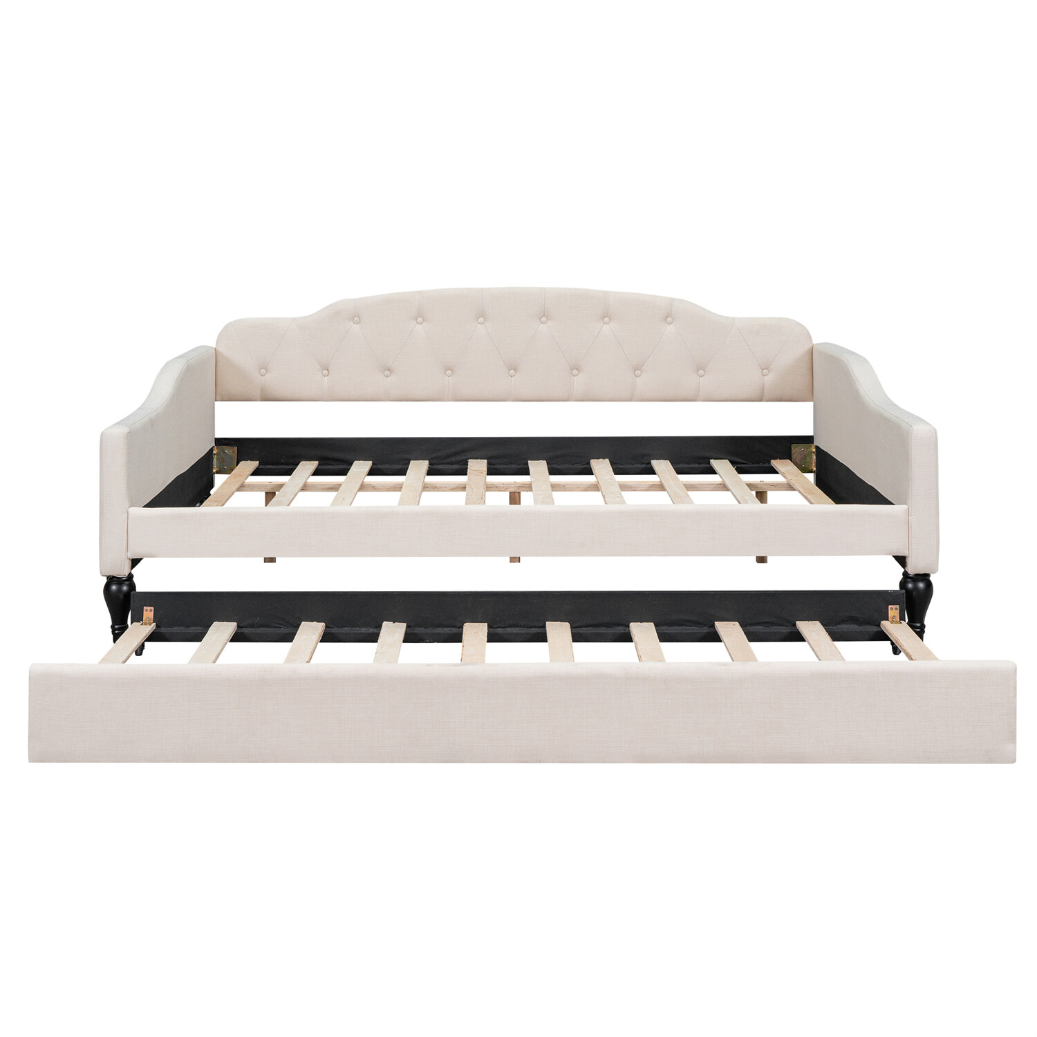 Full Size Daybed w/ Pull Out Trundle Bed Upholstered Bed Frame Sofa Bed Beige