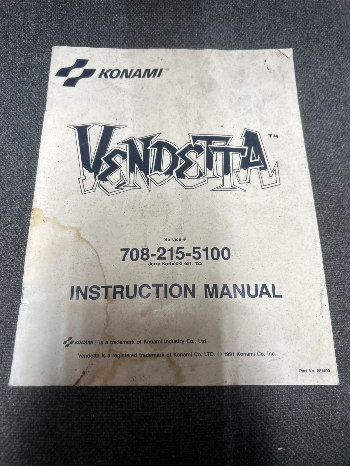 Konami VENDETTA Arcade Video Game Manual - used original
