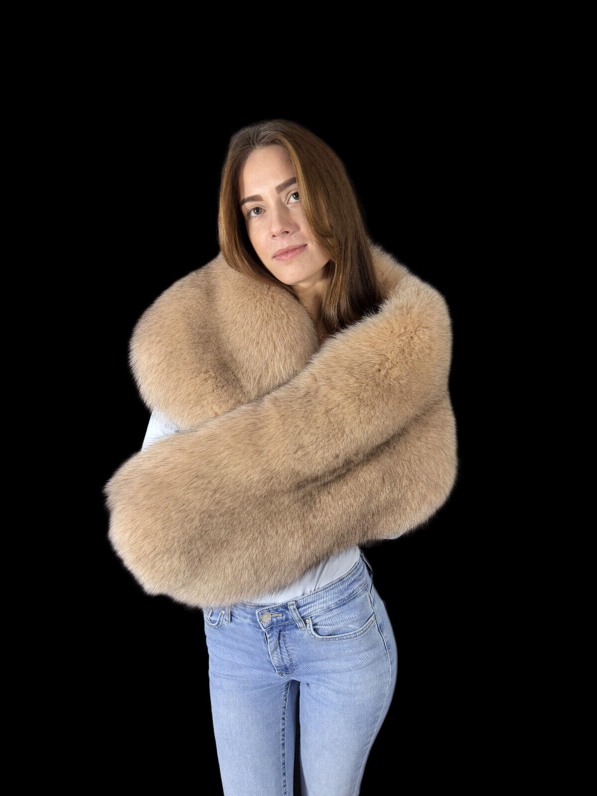 Fox Fur Shawl 47" (120cm) Saga Furs Stole Beige Fur Scarf Extra Wide Fur Wrap
