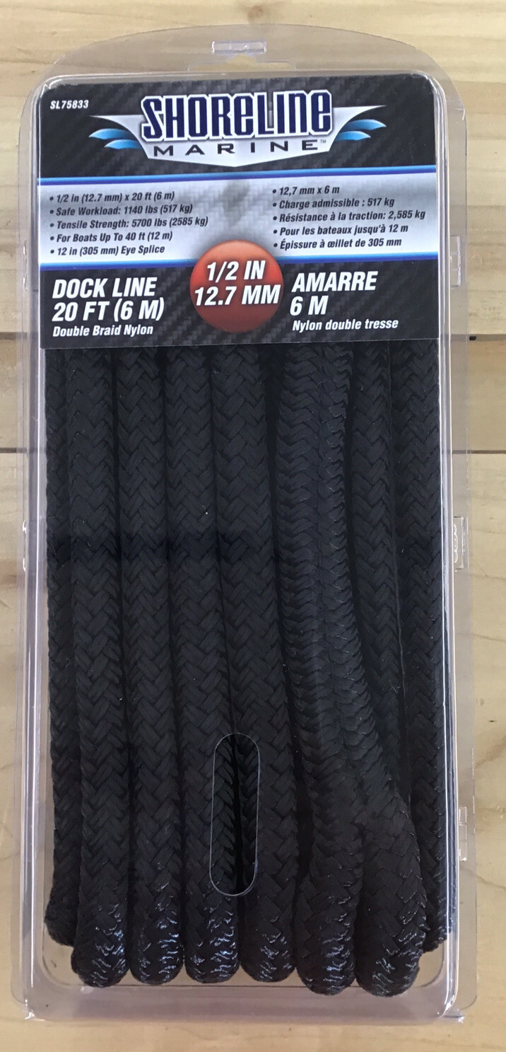 Shoreline Marine Dock Line 1/2" x 20' Black Double Braided Nylon