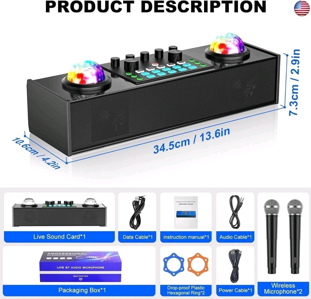 Karaoke Machine with Ambient Lighting, Portable Bluetooth Speaker