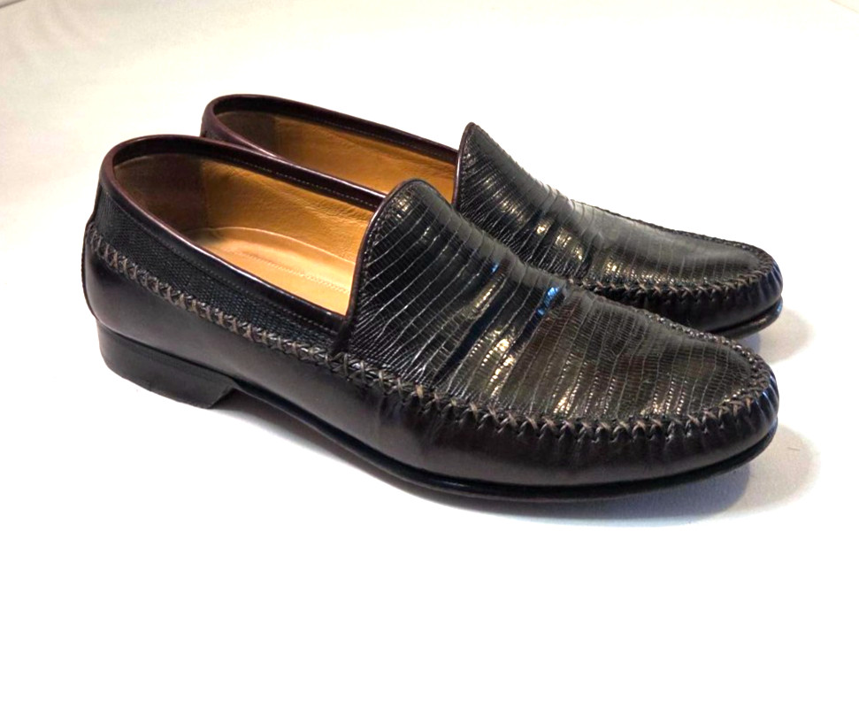 Men's Johnston & Murphy Black/DK Brown Genuine Lizard Leather Slip-On Shoes 8M