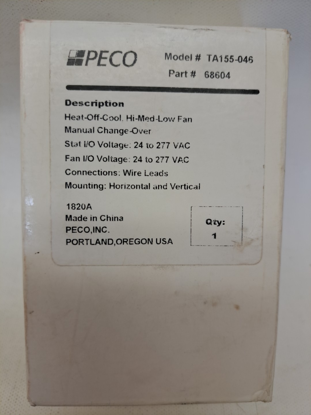 PECO TA155-046 fan coil thermostat  NEW, open box