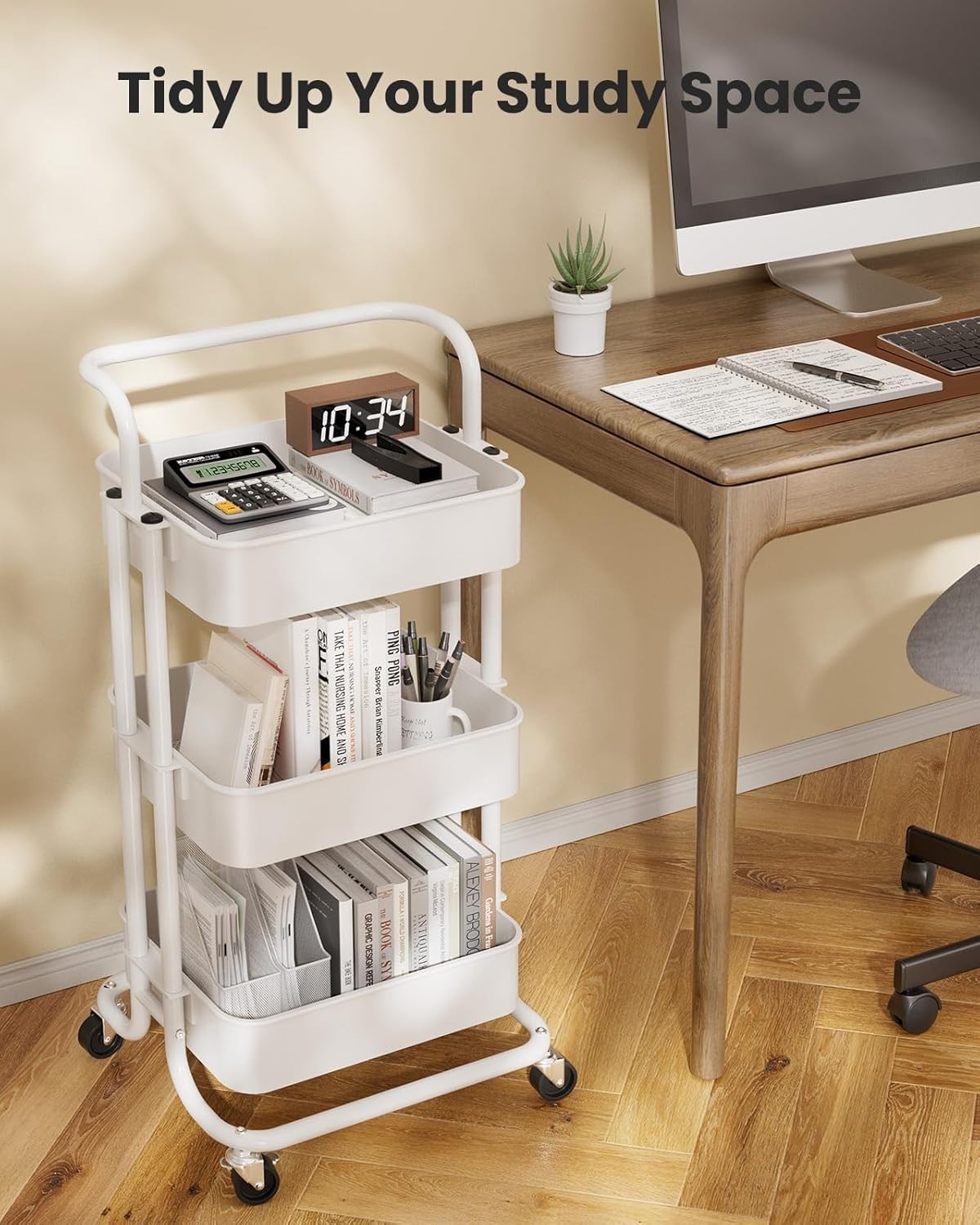 3 Tier Rolling Utility Cart with Lockable Wheels - Metal Organization Solution
