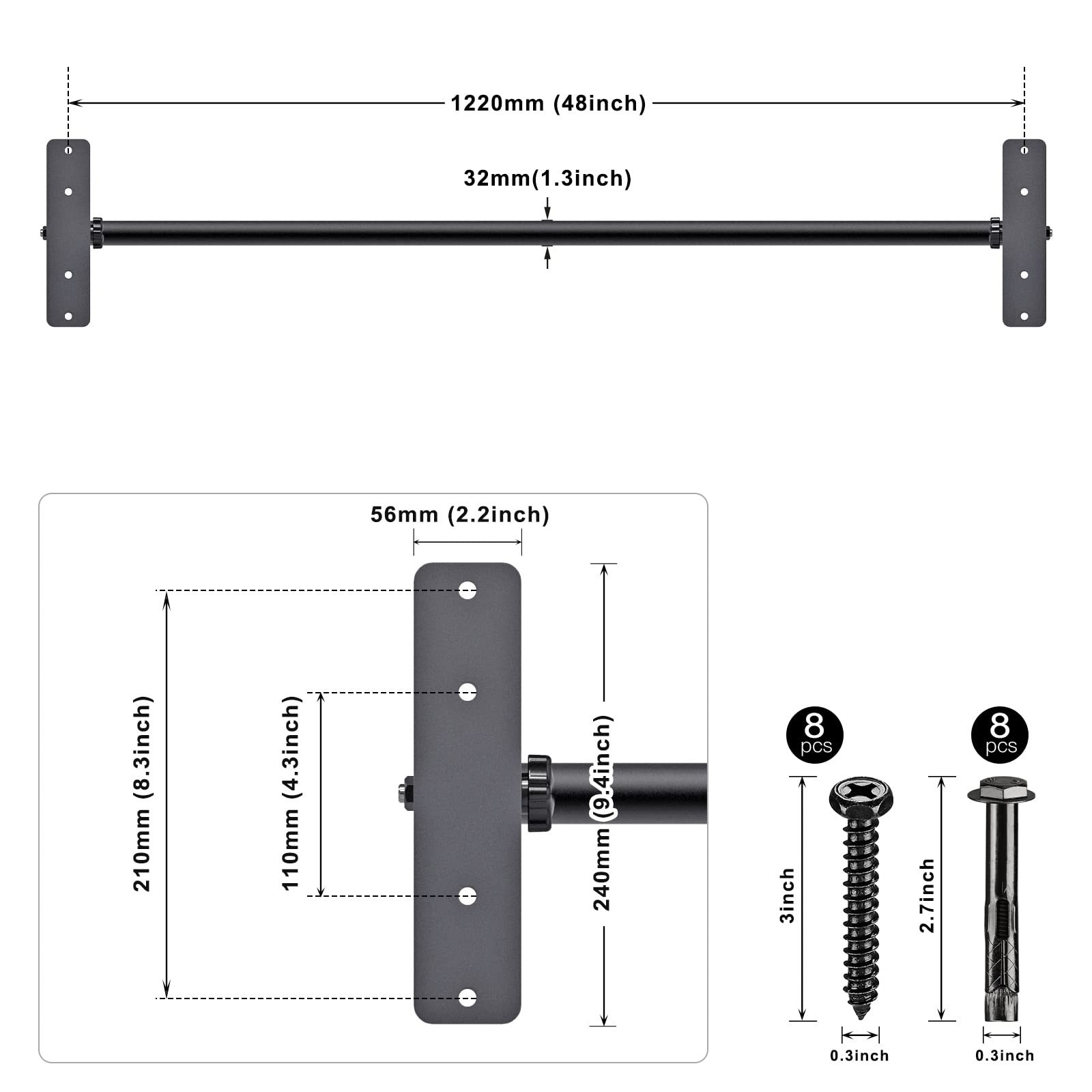 48" Heavy Duty Ceiling Pull Up Bar - Adjustable Height, Comfortable Grip, Eas...