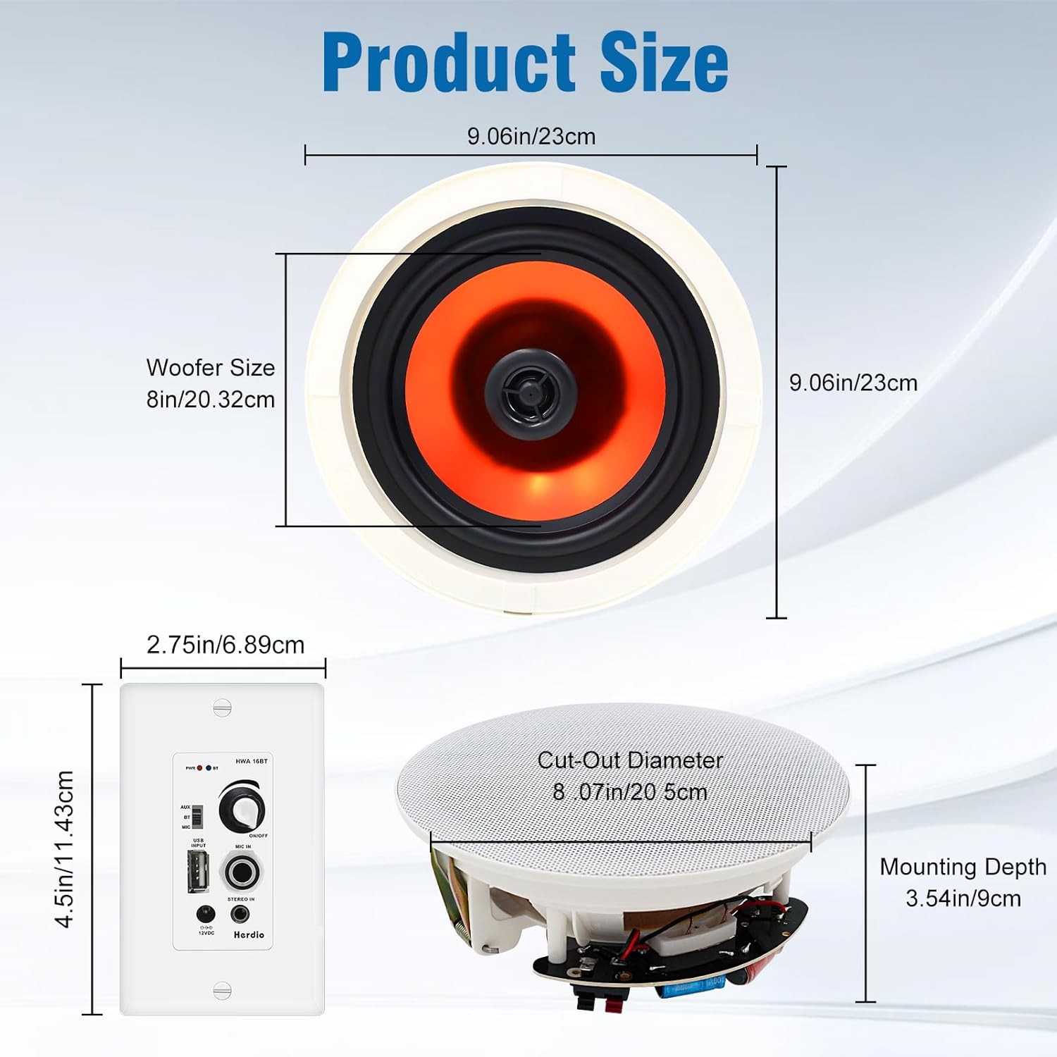 Herdio 2 Pack 8" Bluetooth Ceiling Speakers 400W with In Wall Amplifier